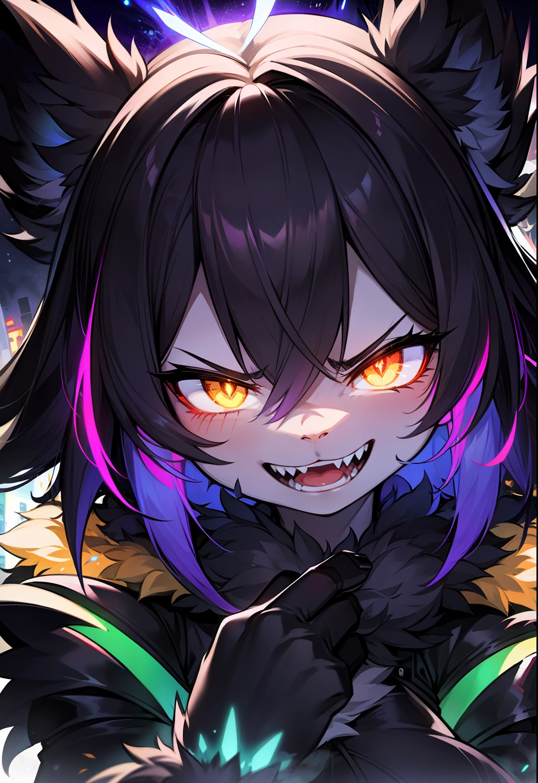 furry, black fur, night, glowing hairs, laughing, angry