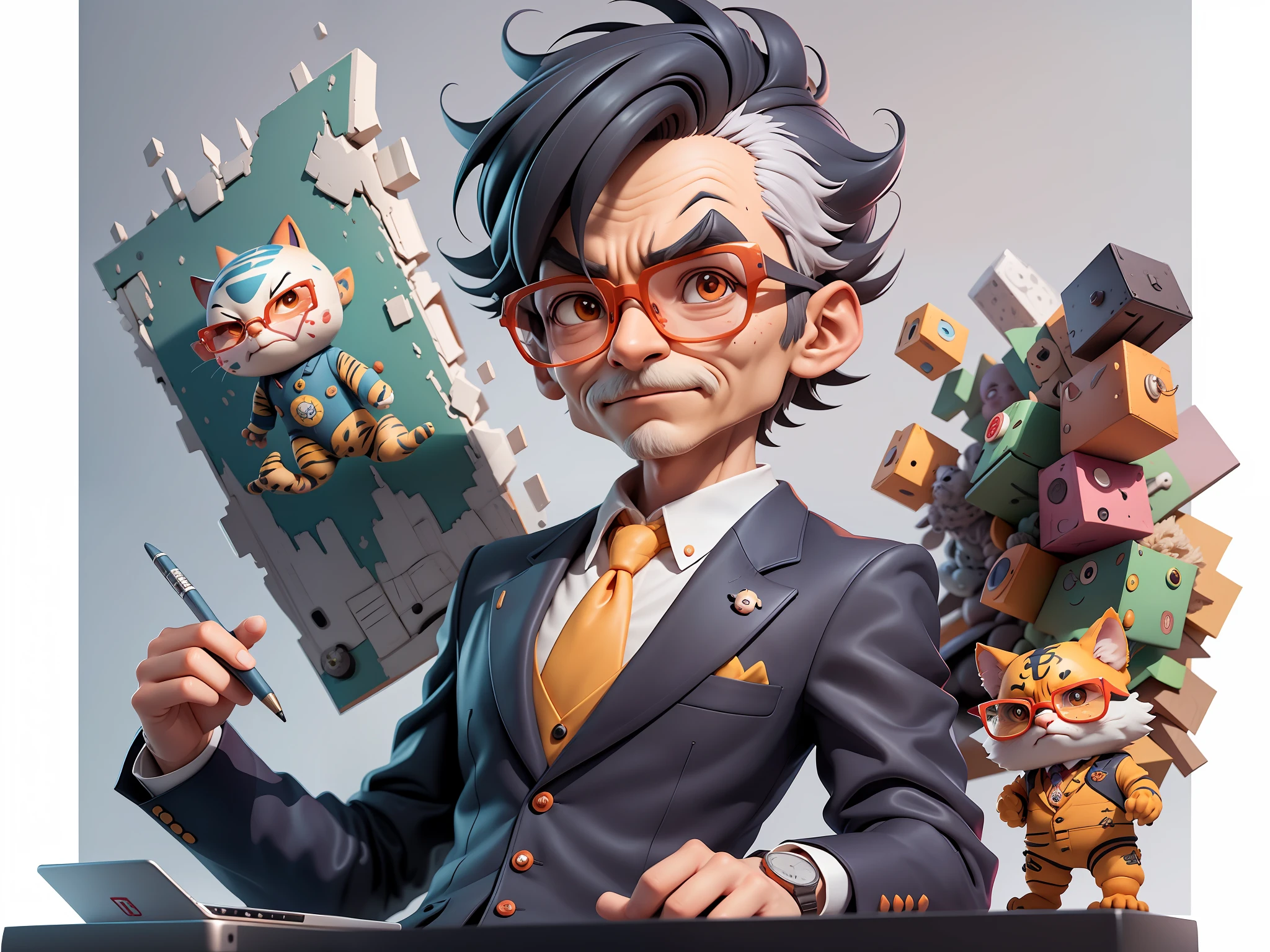 A young man in a suit, Short hair and glasses sat at his desk,holding laptop,digitial painting,tigre,3D character design by Mark Clairen and Pixar and Hayao Miyazaki and Akira Toriyama,4K HD illustration,Very detailed facial features and cartoon-style visuals。