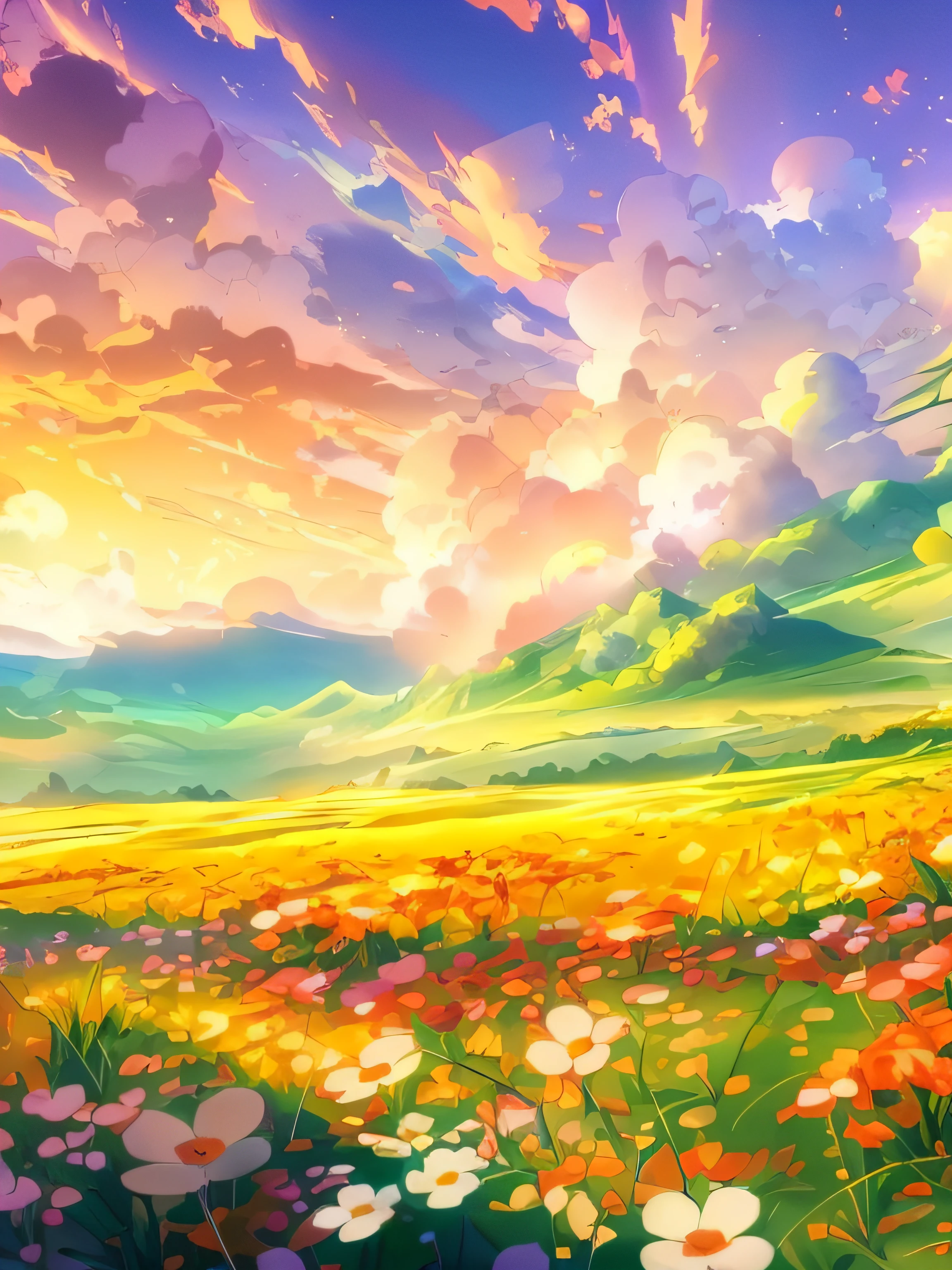A painting of a field with flowers and clouds in the background - SeaArt AI