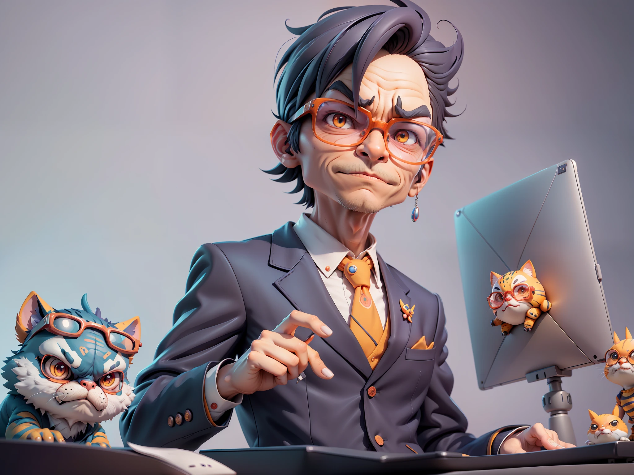 A young man in a suit, Short hair and glasses sat at his desk，holding laptop，digitial painting，tigre，3D character design by Mark Clairen and Pixar and Hayao Miyazaki and Akira Toriyama，4K HD illustration，Very detailed facial features and cartoon-style visuals。