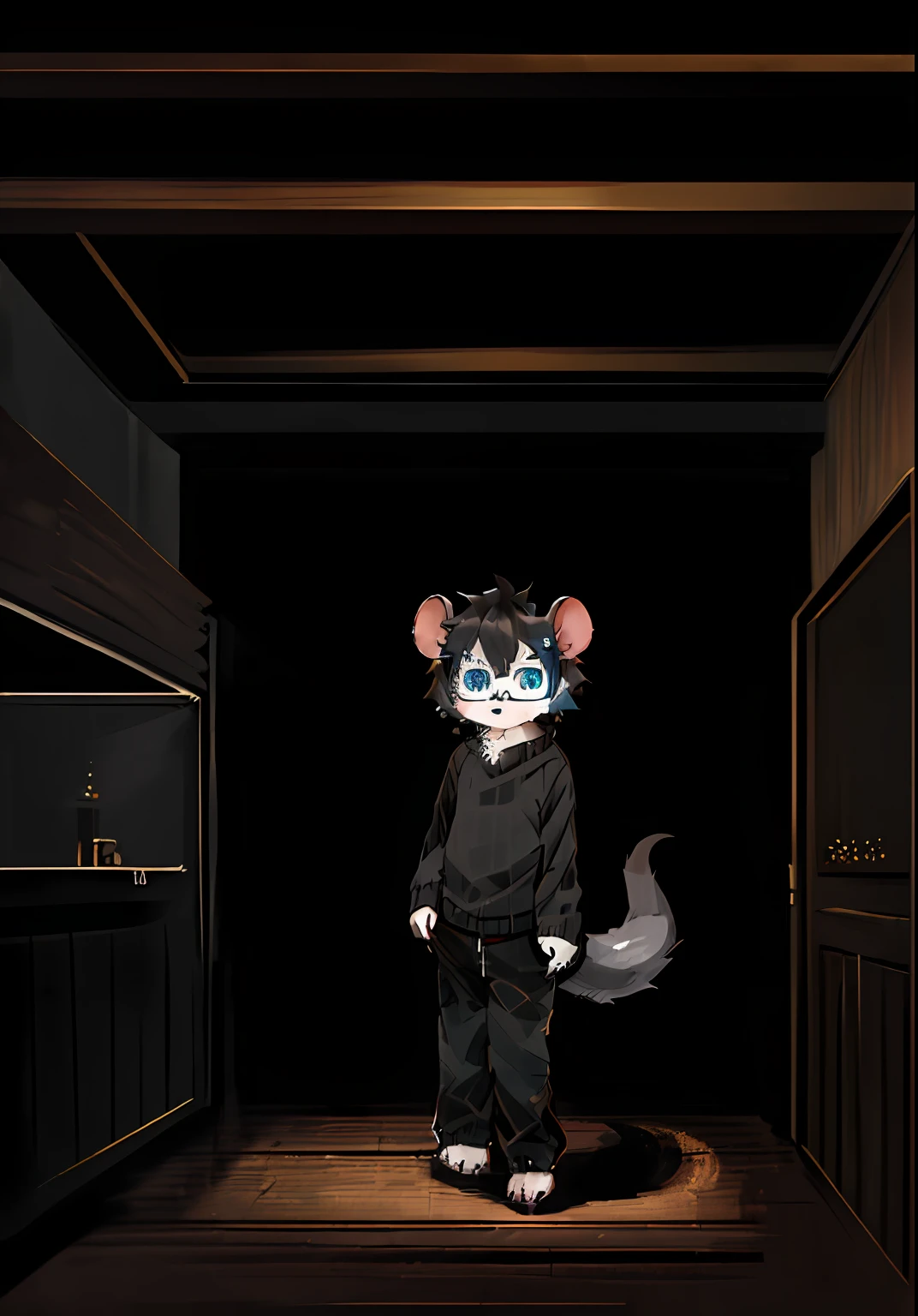 (Dark Environment: 0.8), Masterpiece, High Quality, Abstract Res, Digital Painting\(artwork\), by Dagasi, Yupa, Kiyosan, (Anthro, Fluffy Fur, Character Focus: 1.1), Anthro Male Mouse, Short Hair, portrait , bright eyes, panorama, character focus. (detailed background: 0.7), solo, furry, furry male, male focus, anthro, (juvenile, full body fur, fluffy tail, gray fur, blue eyes, gray-black hair: 1.2), rodent, gray sweater, black joggers, black glasses