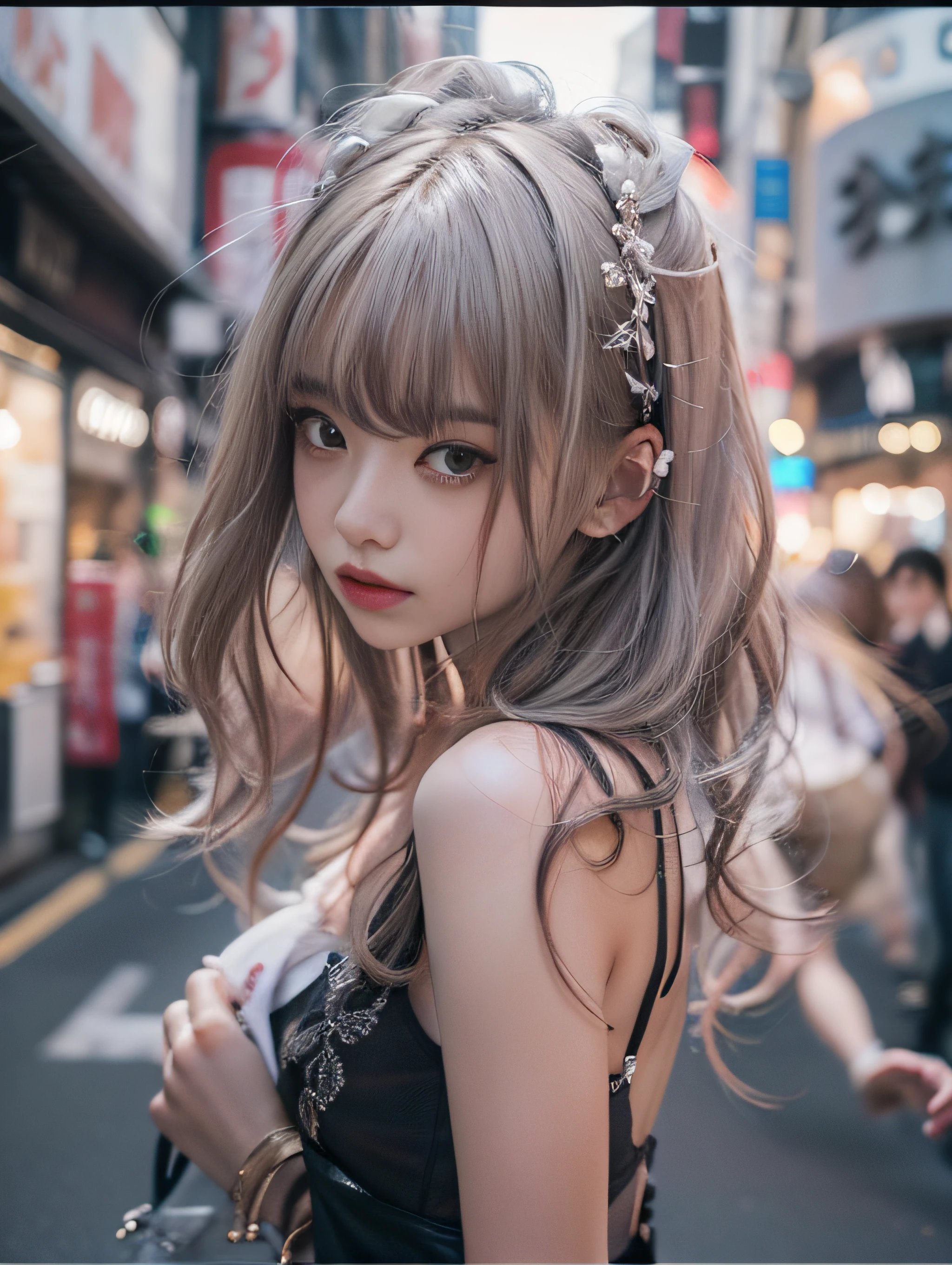 Alafi girl with long hair and headband on city street, Anime style mixed with Fujifilm, real life anime girl, ulzzangs, pretty anime girl, charming anime girls, Beautiful anime girl, Girl Silver Hair, cute kawaii girl, Trending on CGSTATION, Anime Girl with Long Hair, anime thai girl, white hime cut hairstyle
