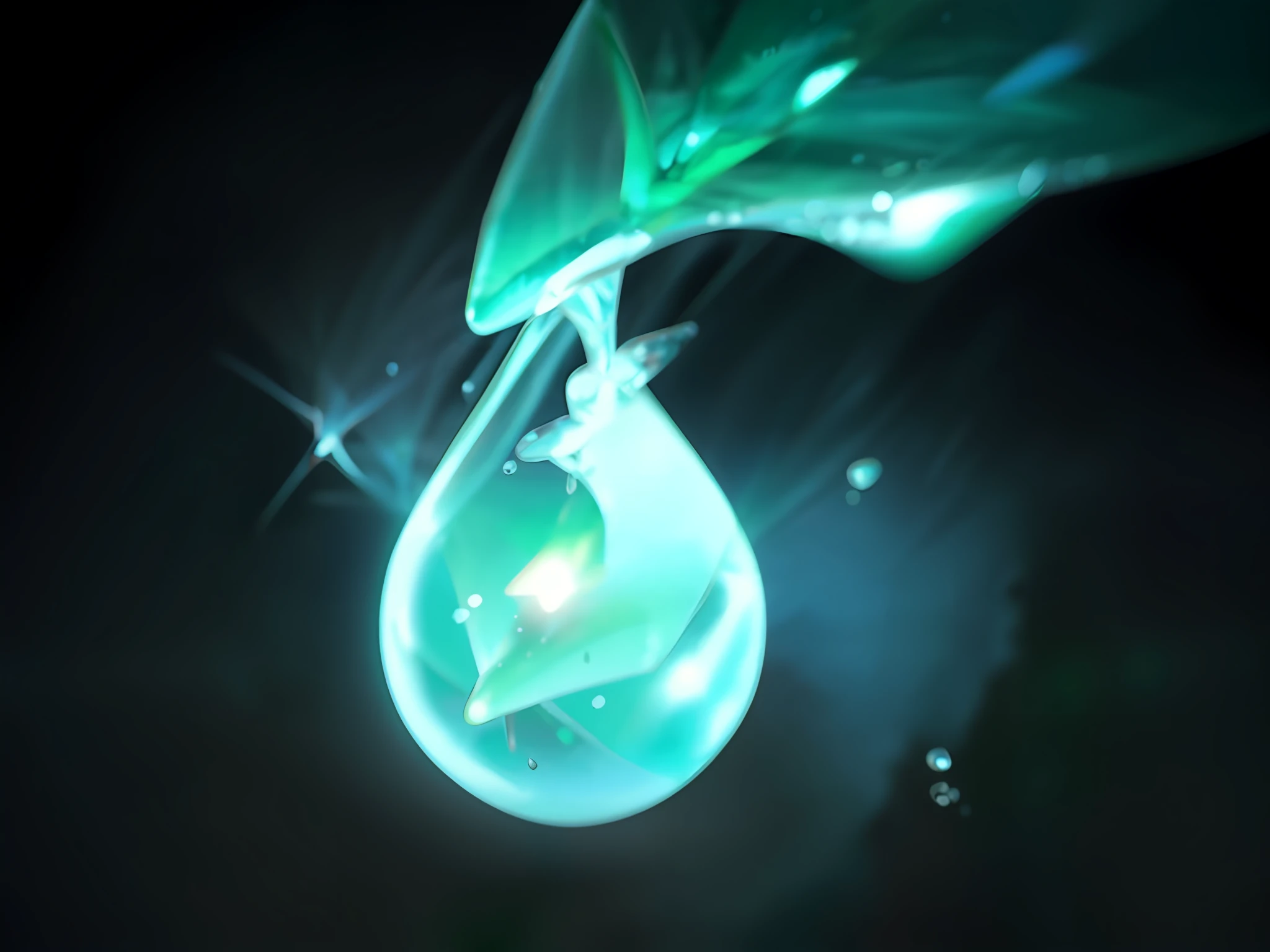 There is a green droplet,Crystal clear droplets,There is a leaf on it, luminous water elemental, iridescence water elemental, water dripping, mana flowing around it, glowing liquid, water elemental, arcane jayce, league of legends inventory item, ability image, glowing water, magic spell icon, The drops, water elemental, water sprites