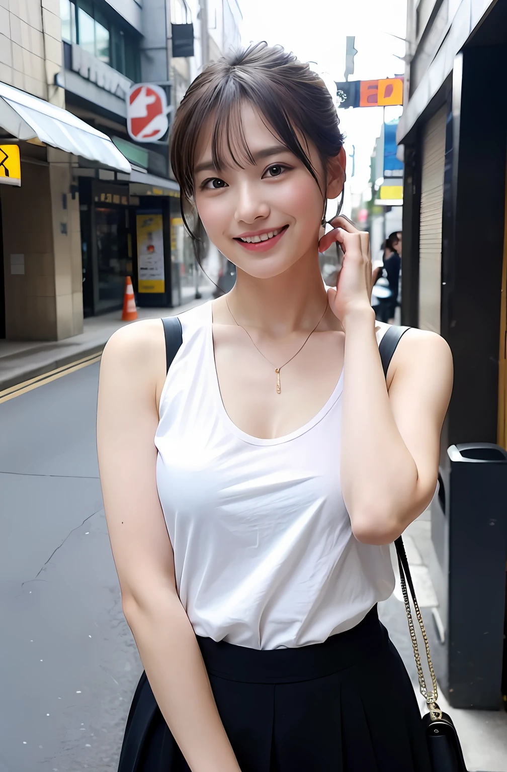((8K:1.27)、top-quality、masterpiece、超A high resolution:1.2)Photo Beautiful Japan woman (pleasing:1.1) (White shirt clothes:1.21) Design by Gregg Lutkowski and Alphonse Mucha Intricate Elegance、Fantasia、detaileds、Geometry、Gradient lighting、1girl in、26 year old、Delicate skin、looking at the spectator、Brown-eyed、(short flaxen hair:1.2)、(large full breasts:1.0)、(medium areola:0.8)、(Photorealsitic:1.4)、(top-quality:1.0)、(超A high resolution:1.0)、(without hands:1.0)、8K、Raw photography、 (Representative songs: 0.2), (pureerosface_v1:0.5)、Tight clothes、Tight clothes、tote bags、Sleeveless、Onepiece、Sleeveless、see -through、Laugh、a necklace、Linen material、The shirt、Ginza 4-chome、After work、early evening、Business Fashion、Parted bangs、Hair is tied up、Close-up hairstyles、Gentle smile、Lapel Rack、up chest、the shape of the small breasts is clearly visible、Hang your bag、eyebrows are thin、Hands behind the head、Hair Tie Gestures、sideways Facing、stick out buttocks、Hair fixation gesture、Hair tie-back gesture、skirt by the、Ass big、Show clean armpits、raise arms、