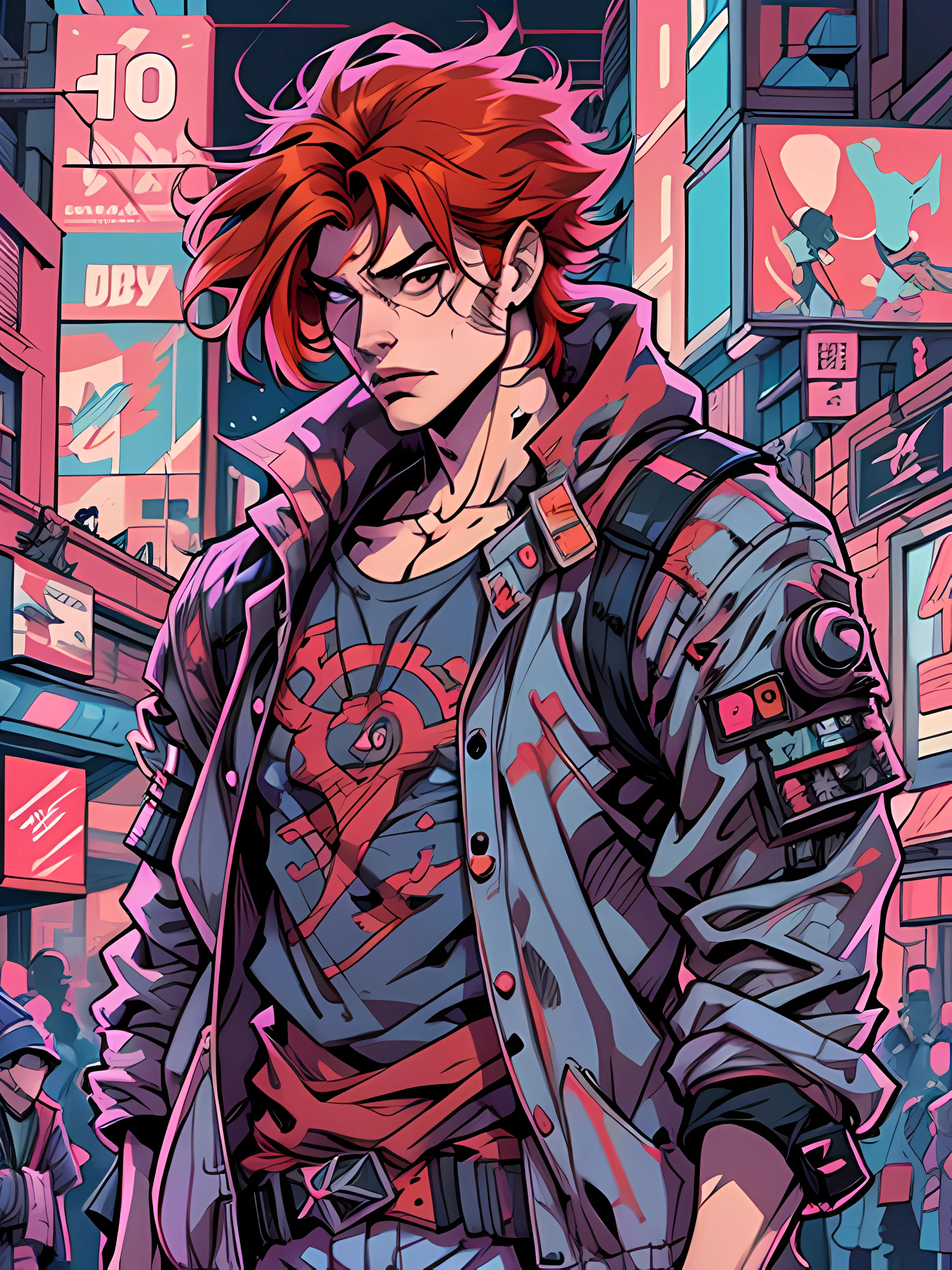 anime guy, akira style illustration, akira art style, 8 0 s anime art style, in the style of akira, digital cyberpunk - anime art, akira artstyle, cyber space cowboy, anime character with a city background, digital cyberpunk anime art, digital cyberpunk - anime art, detailed digital anime art, cyberpunk anime art, anime cyberpunk art, digital anime illustration, detailed cyberpunk illustration, badass anime 8 k, anime style 4 k, cyber School guy, cyberpunk art style, highly detailed exquisite fanart, 4 k manga wallpaper, modern cyberpunk anime, no shadows, 8 0 s anime style, akira vibes, in neo tokyo, akira color palette, futuristic tetsuo, Pop Art, masterpiece, accurate, Poster, anatomically correct, hand drawn, simple lines, tshirt design, vector art, illustration, digital art, anime style, magazine style, light red hair color, background in print, png, black background, 4K UHD