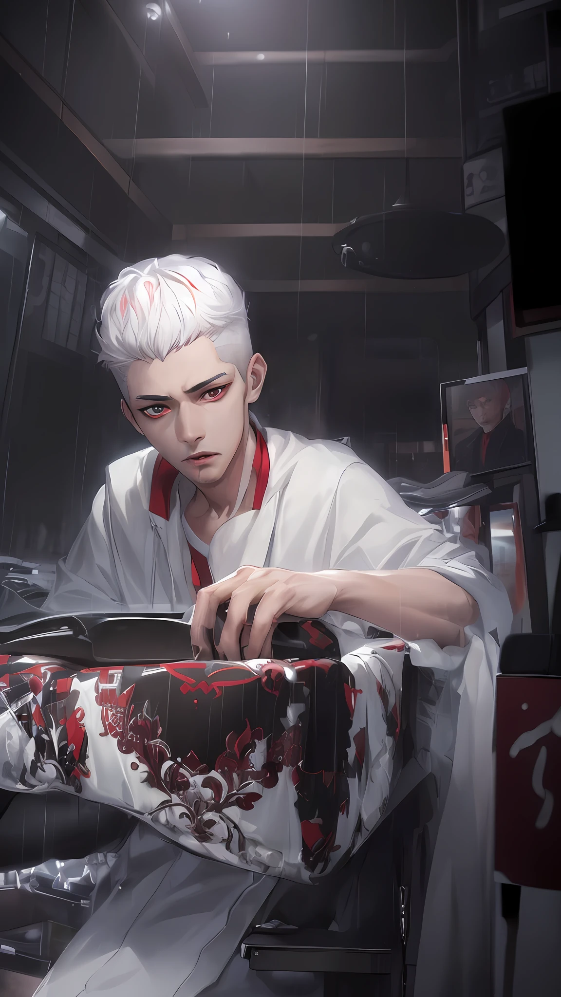 kk, best quality, more details, masterpiece, 1boy, kaneki ken, portrait, male focus, red eyes, solo, bangs, looking at viewer, hood, short hair, rain, tokyo tokyo \(city\),  hood up, nail polish, white hair, luxurious, 8k, detailed, ray tracing, depth of field, cinematic lighting,