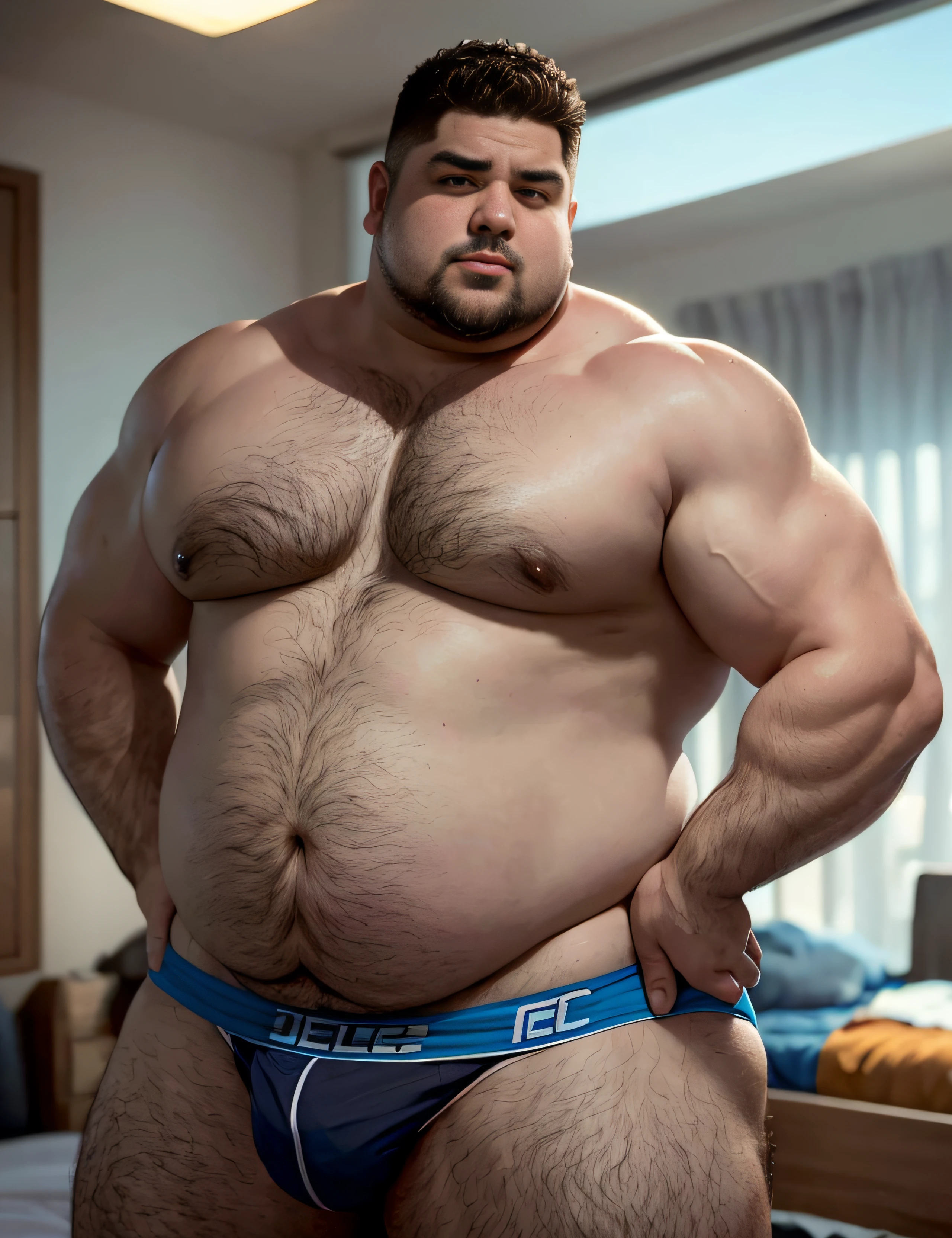 Um retrato fotografia de corpo inteiro Um caminhoneiro gordo pesado de meia idade trativo-motorista, fole Forte, gordo forte enorme, fisiculturista de barriga grande e gorda peluda de pernas abertas deitado em uma cama com cara de safado, wearing a very small trunk showing pubis, realistic epic, foto homem nu, desbotado, cores neutras, ((((Hdr)))), ((((cores silenciadas)))), cena intrincada, artstation, detalhes intrincados, vinheta