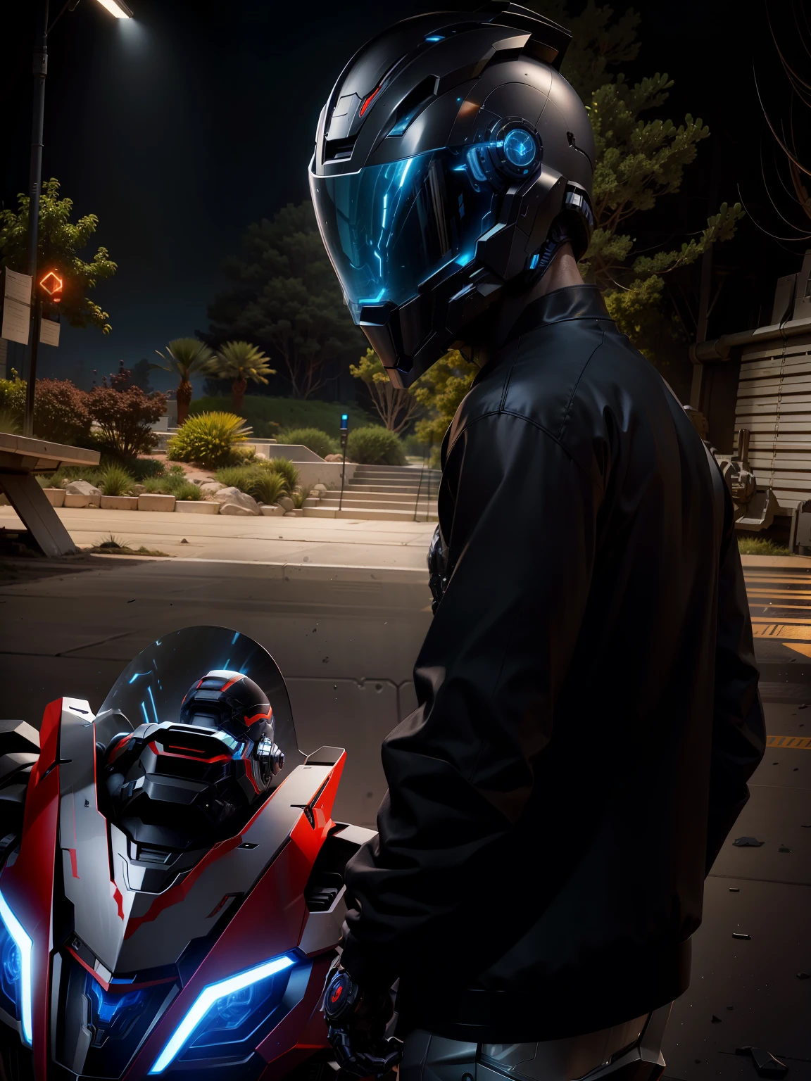 Handsome network, Handsome warrior, Full body mecha，Information mechanical motorcycle，High-tech black high-tech helmet，Nousr， Biomechanicals， MSHN Robot Man，High-tech helmet，hyper realisitc， Steel， Complex design， insanely details， finely detailled， Extremely clear lines， cinmatic lighting， photograph realistic， A detailed masterpiece