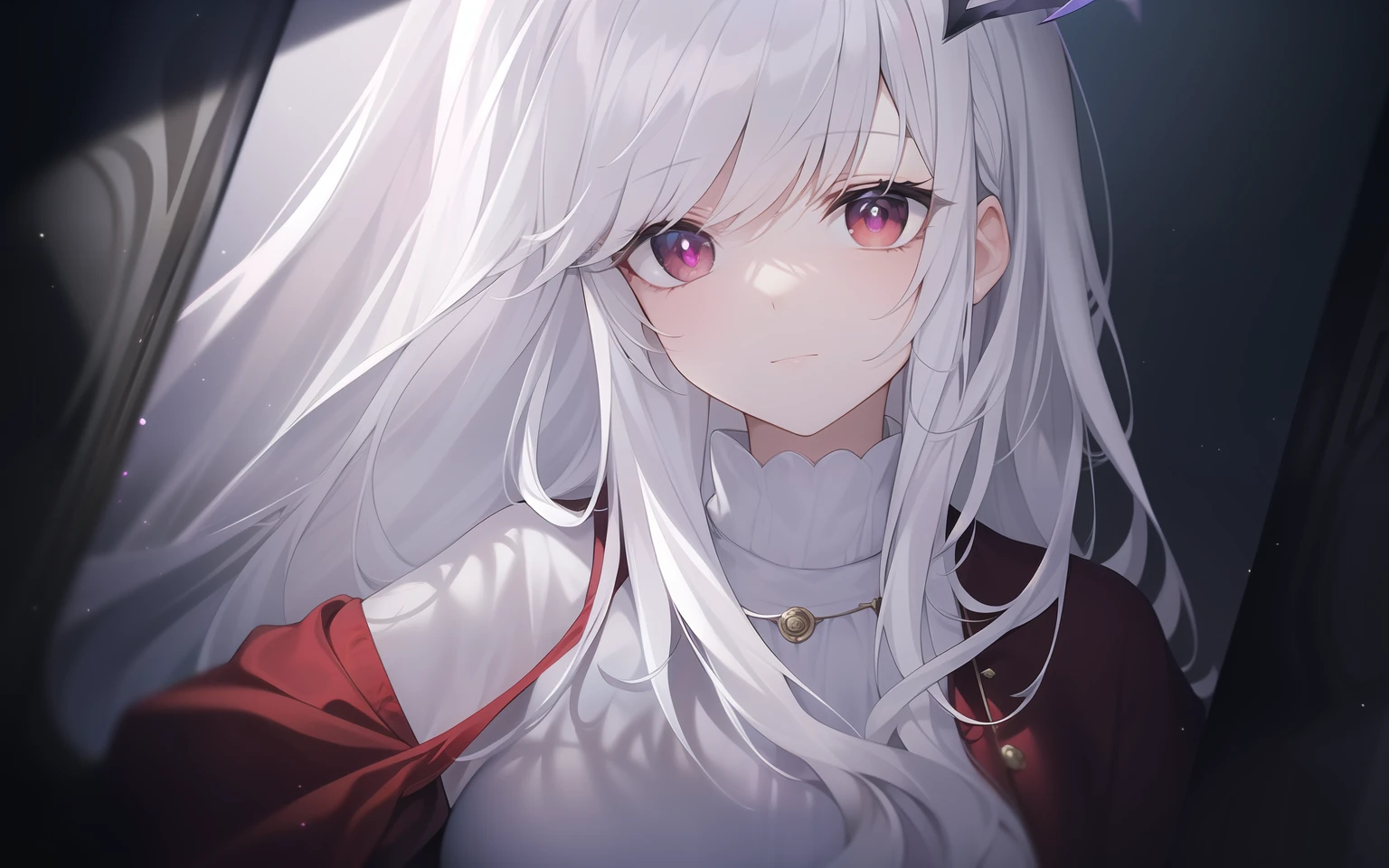 ((Masterpiece, Best quality))++, Detailed light+, Detail hair+, detail hand+ ,1girll, woman, Long hair, dark red eye, Beautiful eyes, Young gray hair,,(Beautiful white hair:1.5),(Beautiful detailed eyes), high resolution+, The shirt , White skirt, Glass tones, Reflective eyes, ((Halo)), {{Angle}} , extremelydetailedwallpaper, Original, butterflys,extreme light