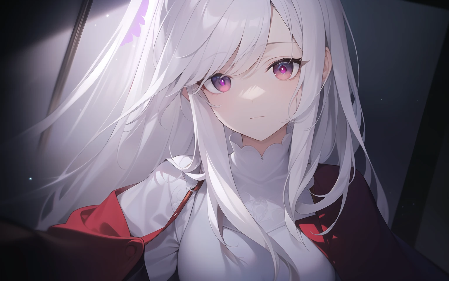 ((Masterpiece, Best quality))++, Detailed light+, Detail hair+, detail hand+ ,1girll, woman, Long hair, dark red eye, Beautiful eyes, Young gray hair,,(Beautiful white hair:1.5),(Beautiful detailed eyes), high resolution+, The shirt , White skirt, Glass tones, Reflective eyes, ((Halo)), {{Angle}} , extremelydetailedwallpaper, Original, butterflys,extreme light