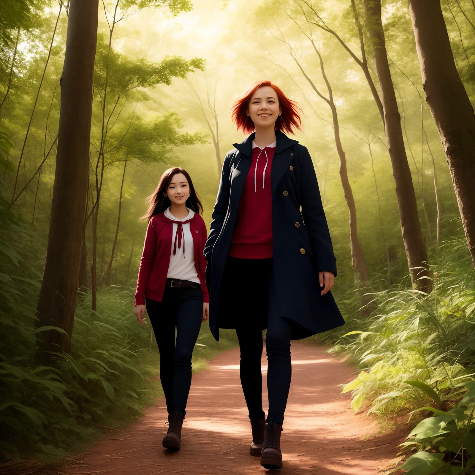 In the peaceful atmosphere of a dense forest, a group of captivating characters walk towards the image, creating a scene full of colors and emotions. The red-haired and red-eyed girl is a charming figure with a big smile lighting up her face. Her red hair blows softly in the forest breeze, and the earrings in her left ear add a touch of elegance to her look. She is wearing red clothes, which stand out against the green vegetation around her, reflecting her vibrant and energetic personality. Next to her is the boy with the messy hair, whose sad and thoughtful look suggests an exciting story. He seems deep in thought, perhaps carrying deep secrets or facing inner challenges. His messy hair lends a hint of authenticity to his character as he paces the group with an air of melancholy. In contrast, the third girl radiates a playful aura with her flowing black hair. She is a free soul, full of curiosity and joy, ready to explore every corner of the forest with enthusiasm. Her lively smile and bright eyes are contagious, bringing a sense of fun and adventure to the group. Finally, the 30 cm tall girl riding a black cat adds an element of fantasy and magic to the scene. She appears to be a mysterious figure, perhaps with supernatural abilities or otherworldly origins. Its proximity to the feline suggests a unique and special connection with nature and its mysteries. Together, this peculiar group of characters form an unlikely team, each with their own quirks and motivations, walking in harmony through the forest. The scenery is filled with majestic trees, lush foliage and rays of light filtering through the canopy, creating a magical and enchanting atmosphere. This scene is a rich source of inspiration for drawings, with endearing characters and an environment that sparks imagination and curiosity.