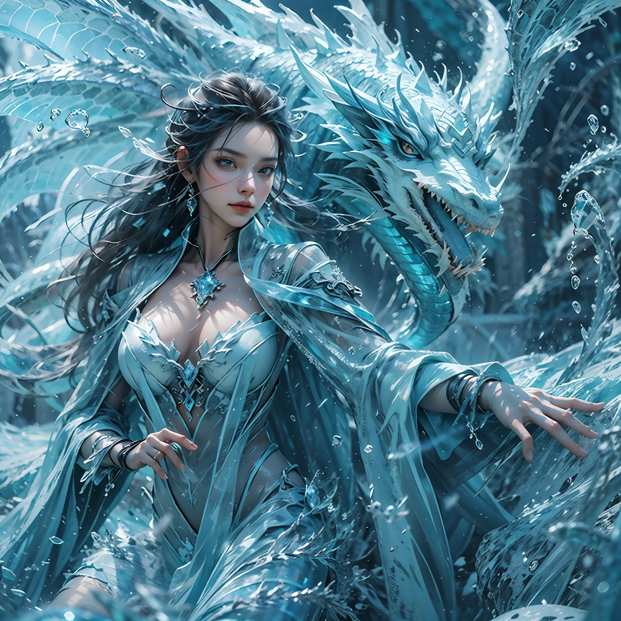 (((1girll)))，Imperial water，A magician，（Loose dress：1.5），（Perfect facial features：1.4），（Blue silk robe），（Mysterious magic formations：1.2），((ice Dragon))，（Ice crystal scales），Blue glow，（Frost wings），Powerful ice magic，Icicles，Towering over the landscape，Blue light cold light，Ice storms，Wind，Flying snow ice and snow，Amazing results，,best qualityer,tmasterpiece,超高分辨率,finely detailled,Complicated details,8K分辨率,8KUCG wallpaper,hdr,water blue,Magic Array,Cinematic lighting effects,lightand shade contrast，Ray traching、NVIDIA RTX