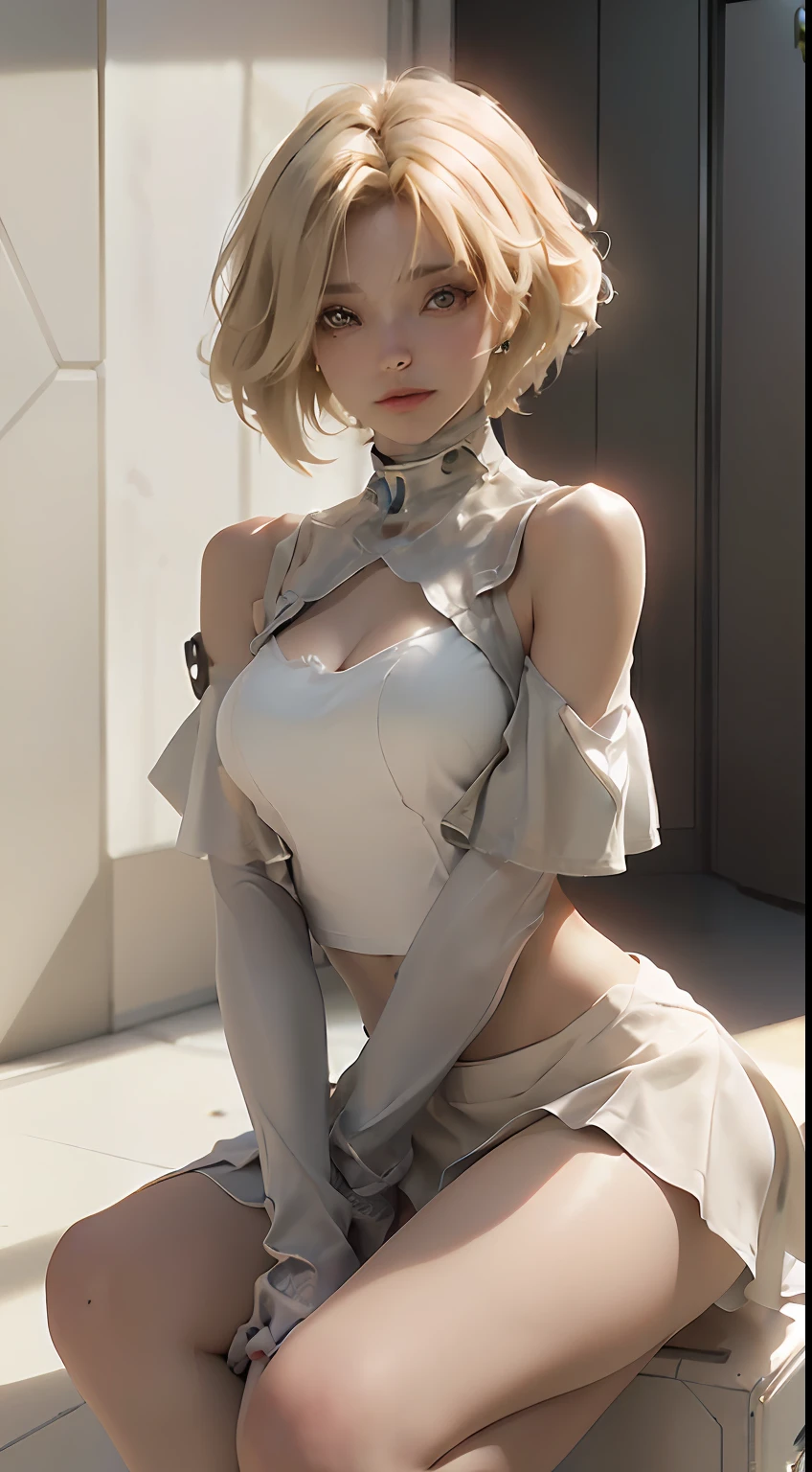 (bestquality), ((master-piece), (detaild: 1.4), . .3D, A Beautiful Cyberpunk Woman,Very short hair,Blonde Hair, HDR (high dynamic range), ray tracing, NVIDIA RTX, high-res, unreal 5, subsurface tering, PBR Textures, Post Processing, anisotropic filtering, Depth of Field, Maximum Sharpness and Clarity, Multilayer textures, albedo and highlight maps, surface shading, Accurate simulation of light-material interfect proportion, octanerender, two-color light, large aperture, low ISO, White Balance, rule of thirds, 8K RAW, nudity, off-theder, camisole vest, short skirt, transparent