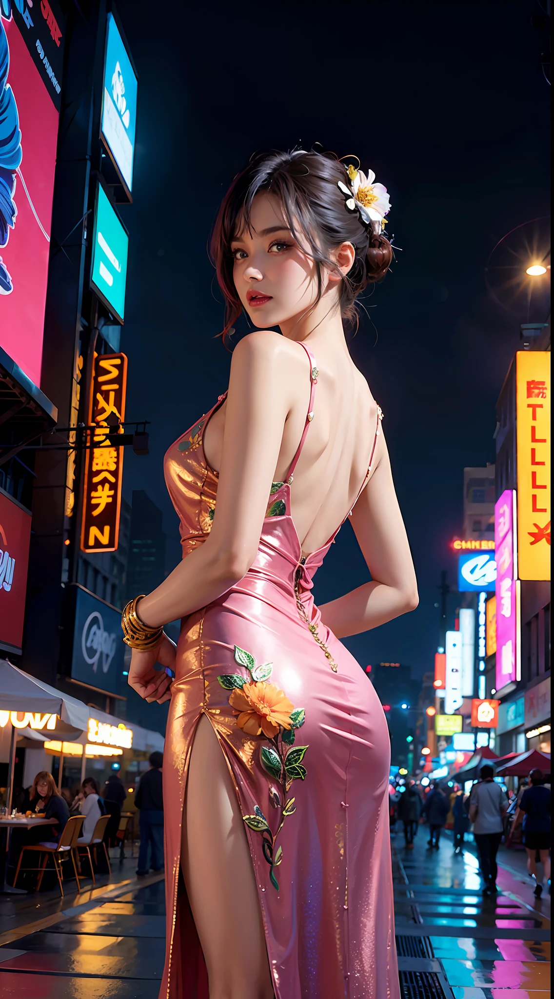 Some girls take selfies at food festivals, street, cyberpunk, city night, absurdres, highres, (ultra-detailed background, detailed back ground), extremly detailed, artist style, (Fashion:1.2), (zentangle:1.3), material effects, upper body, galaxy multicolored hair in new york city at night with orange fog, cybercity, professional lighting, photon mapping, radiocity, physically-based rendering, long dress with vintage flower