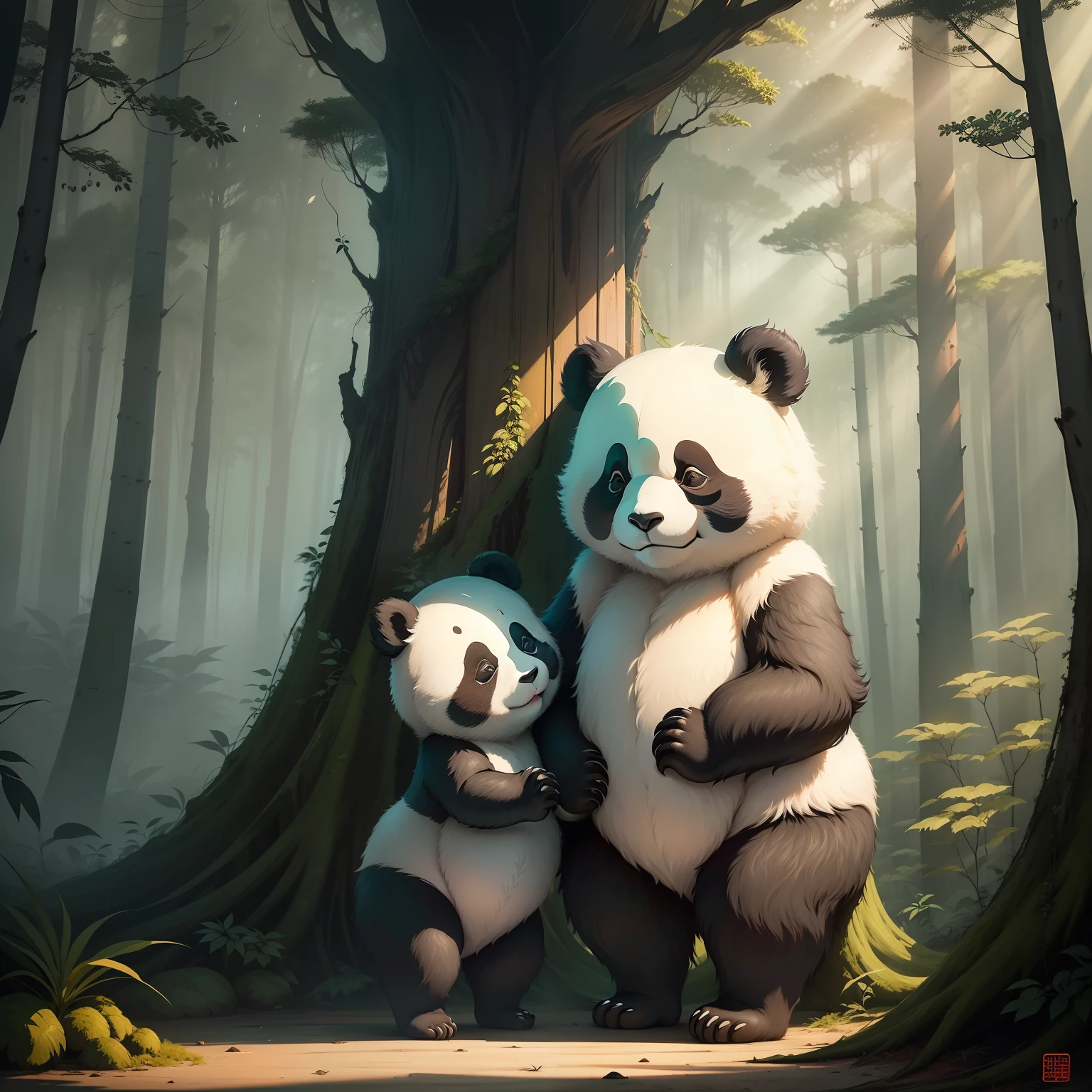masterpiece, high quality, (pandas), Forest, mysterious forests, elated, soft light, Volumetric light, Sunlight, front view, Full Length Shot(FLS), poster style, Tradition Chinese Ink Painting, watercolor