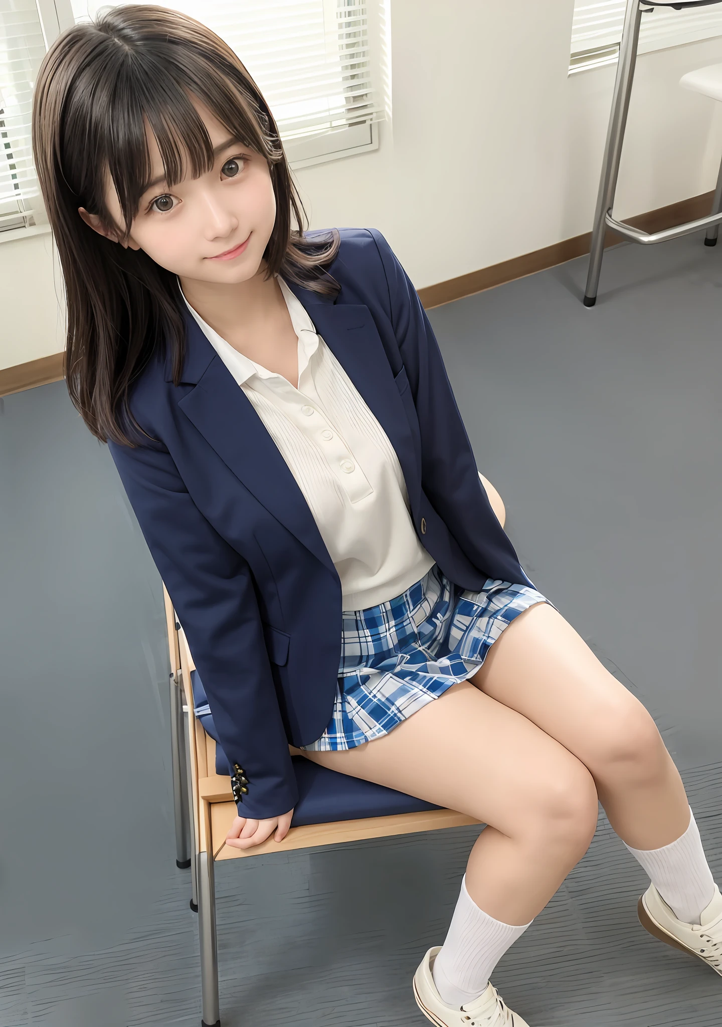 Rear view、From the bottom of 1st、masterpiece, Best 1 Girl、masterpiece, top-quality, 8K, absurderes, (The upper part of the body:1.4), beautiful a girl, A face、Clean face, looking at the viewers, A smile, A hyper-realistic, hight resolution, a picture, film grains, chromatic abberation, foco nítido, nffsw, face lights, highestdetailed, ighly detailed, ultra-detailliert, finely detail, authentic skin, delicated facial features, detailed faces and eyes, Sharp pupils、Realistic pupils、(Korean、japanse、Chinese:0.4)、 full body Esbian、slightly tanned skin、Smaller chest、Japanese girls' high school uniform、Cute dark blue blazer、White shirt、Plaid blue tie、Plaid miniscars、White lace panties、White socks、White sneakers、school classrooms、Morning light、Sitting at a desk、Cute appearance、pretty pose、Relaxed、、very elegant、Soft golden light all over
