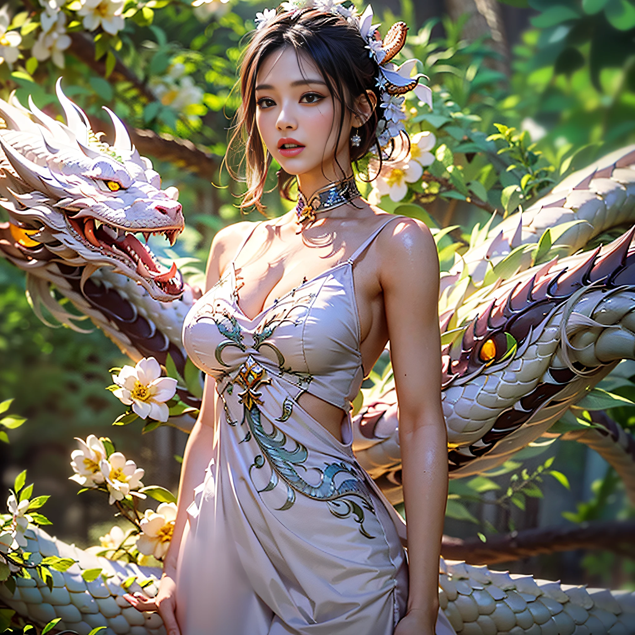 dragon_real,(extremely detailed CG unity 8k wallpaper,masterpiece, best quality, ultra-detailed, beautiful detailed eyes:1.2),best illumination, (best shadow, an extremely delicate and beautiful, bloom),the girl was surrounded by dragons, (1girl:1.4),breasts, solo,full body,Back tattoo,white dress,(color dragon:1.4),Bare leg,long dress,