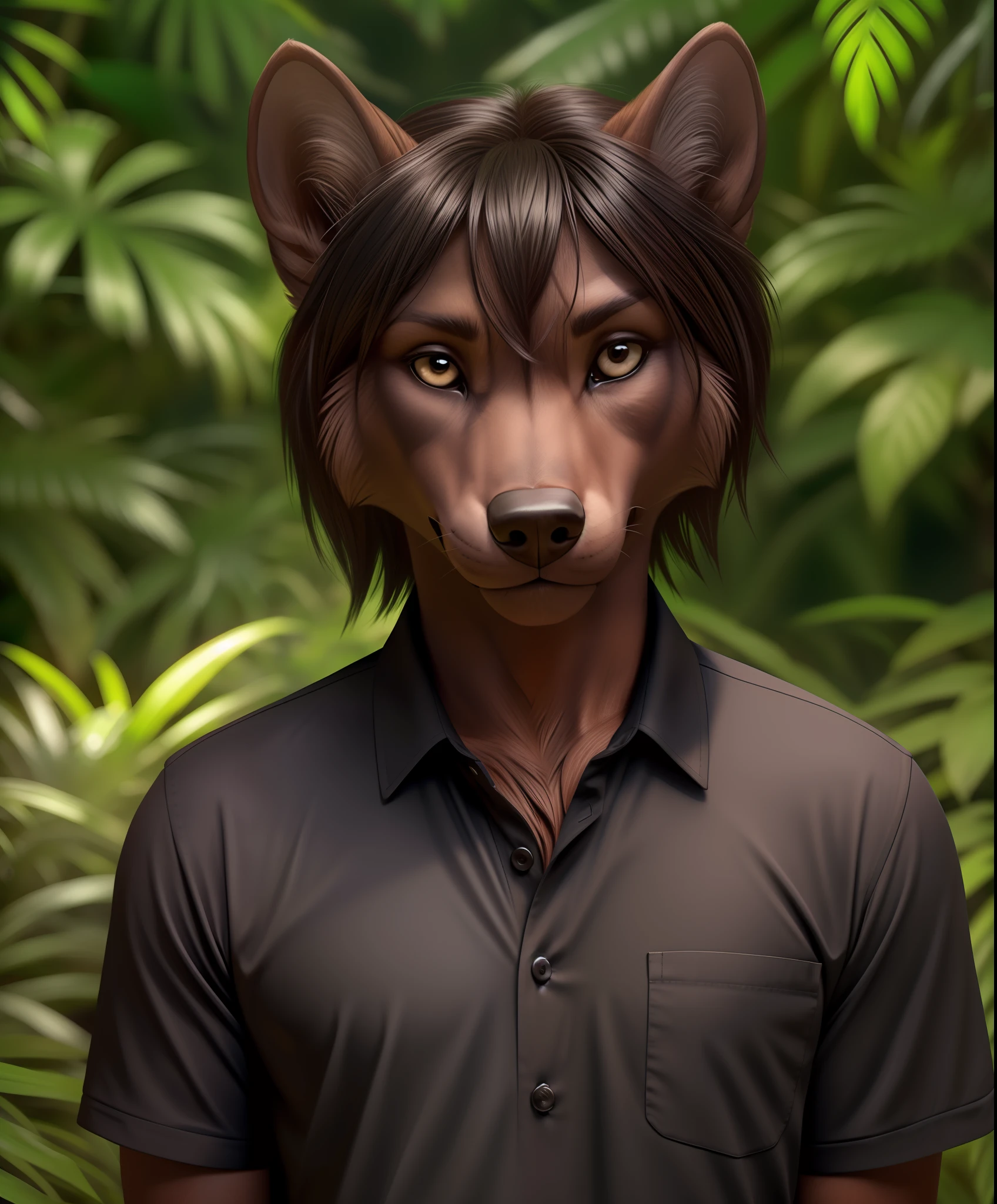 (realistic, professional photo:1.2), best quality, anthropomorphic wolf, (furry body:1.2), detailed dark fur, (detailed skin:1.2), , detailed eyes, beautiful black hair, dense jungle, shirt