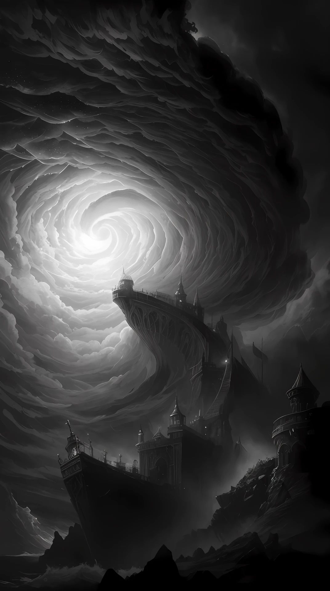 Black and white photo of cloud spiral in dark sky, Gustav Doerr's background, gustave dore\'Background, an ominous fantasy illustration, dark atmosphere illustration, ominous background, Dramatic spinning clouds, in a storm, a violent storm at sea, apocalyptic tumultuous sea, Night storm, Just the art of dark metal music