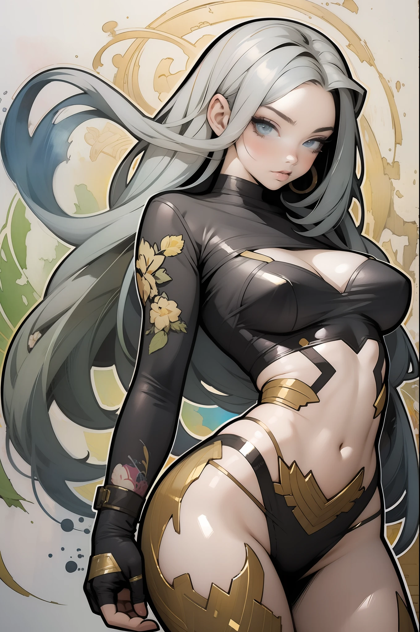 extraordinary lustration, plano de fundo, misturado-Idioma_Texto, letras japonesas em graffit ,::yoji shinkawa style ::2.0 comix illustration style,tatoon style , comic book style ,beautiful woman with long hair rosa degradê ultra detailed, (beautiful and clear background:1.2),, fantastic paintings ,graffit style, flowers, olhos altamente detalhados , a t-shirt or dressed in a white blouse underneath, with both fists in a fighting position, and bracelets, fighting against an enemy, with long hair , stained glass colored, out, vibrant, alphonse mucha style, fantastic paintings by joe madureira ,high quality, art,kelly brook beautiful woman with long rosa degradê hair , freedom, soul, digital illustration, comic style, perfect anatomy, centered, approaching perfection, dynamic, highly detailed, watercolor painting, artstation, concept art, smooth, sharp focus, illustration, art by carne griffiths and wadim kashin,big breast,alone anime girl with a medium lenght pose and cute clothes, short pastel , heterochromia, perfect anatomy, centered, approaching perfection, dynamic, highly detailed, character sheet, artstation, concept art, smooth, sharp focus, illustration, art by kim jung gi,, artgerm, carne griffiths and wadim kashin , sasha yakovleva, loish, jeremy mann, full body shot, character sheet, lightningwave, beautiful anime watercolor painting ,paint dripping by tim okamura, victor nizovtsev, greg rutkowski, noah bradley. trending on artstation, 8k, masterpiece, graffiti paint, fine detail, full of color, intricate detail, golden ratio illustration,monochromatic green background, masterpiece, best quality, high quality, highres, best quality, high resolution fix, bright amazing lighting, detail enhancement, best quality, high quality, highres, detail enhancement