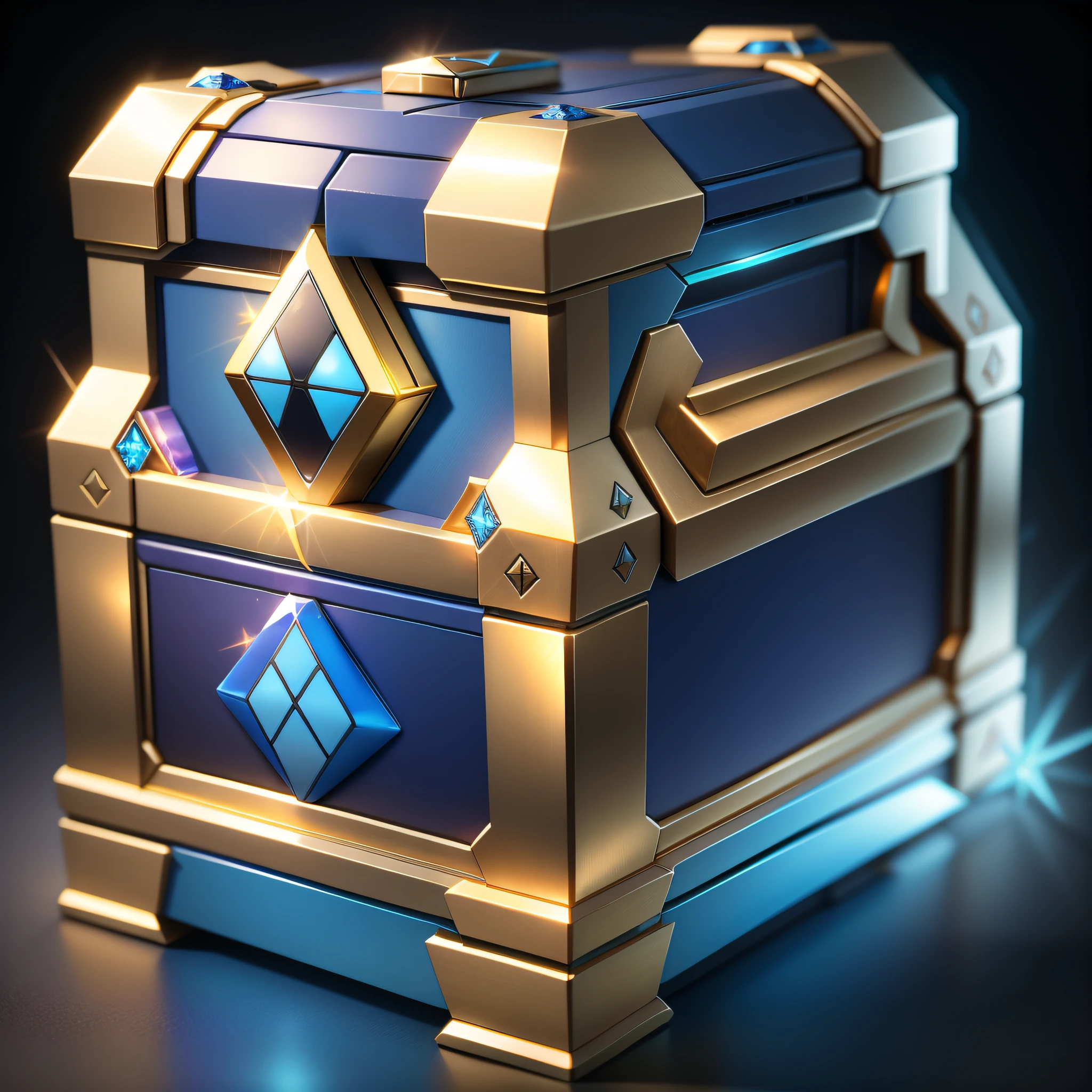 Mysterious magic box, mysterious pattern cube, Rubik's cube chest to store rewards, Western magic style, ultra-high-definition game prop icon, reasonable and regular shape, beautiful lines, suitable color matching, simple and mysterious treasure chest, blue tone, crystal clear feeling, crystal texture, diamond style, silver metal accessories