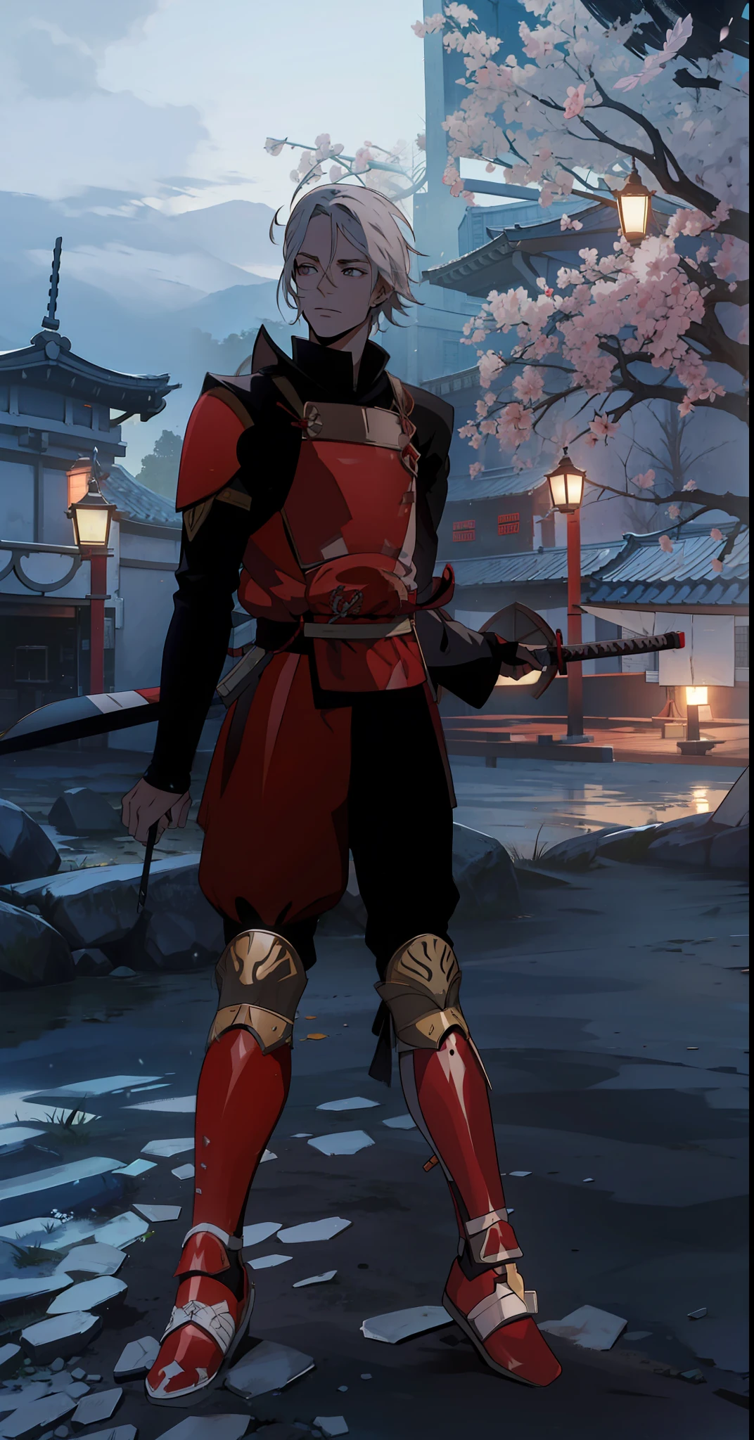 Homen Samurai com cabelo branco com armadura de chogun vermelha 8k