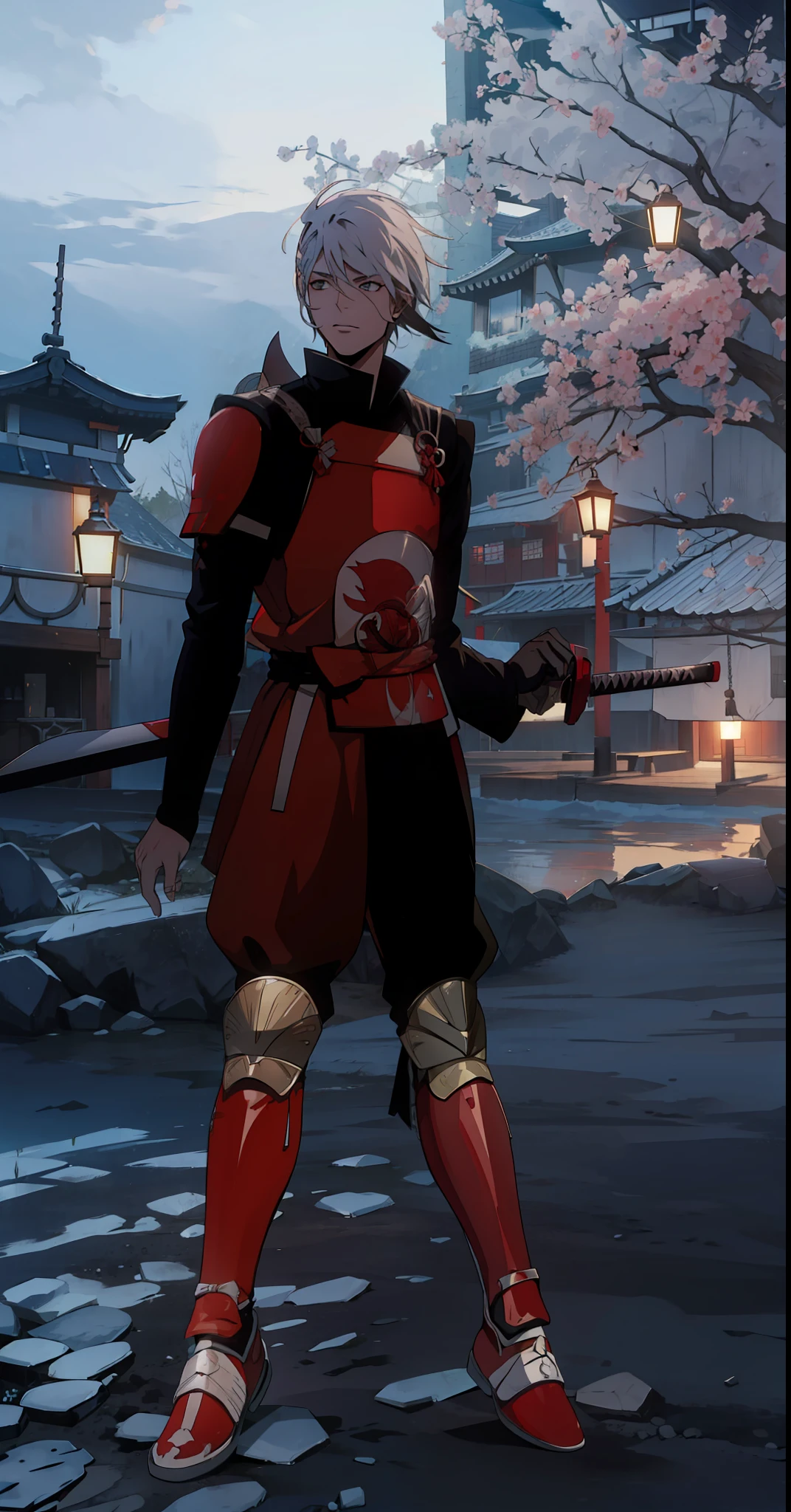 Homen Samurai com cabelo branco com armadura de chogun vermelha 8k
