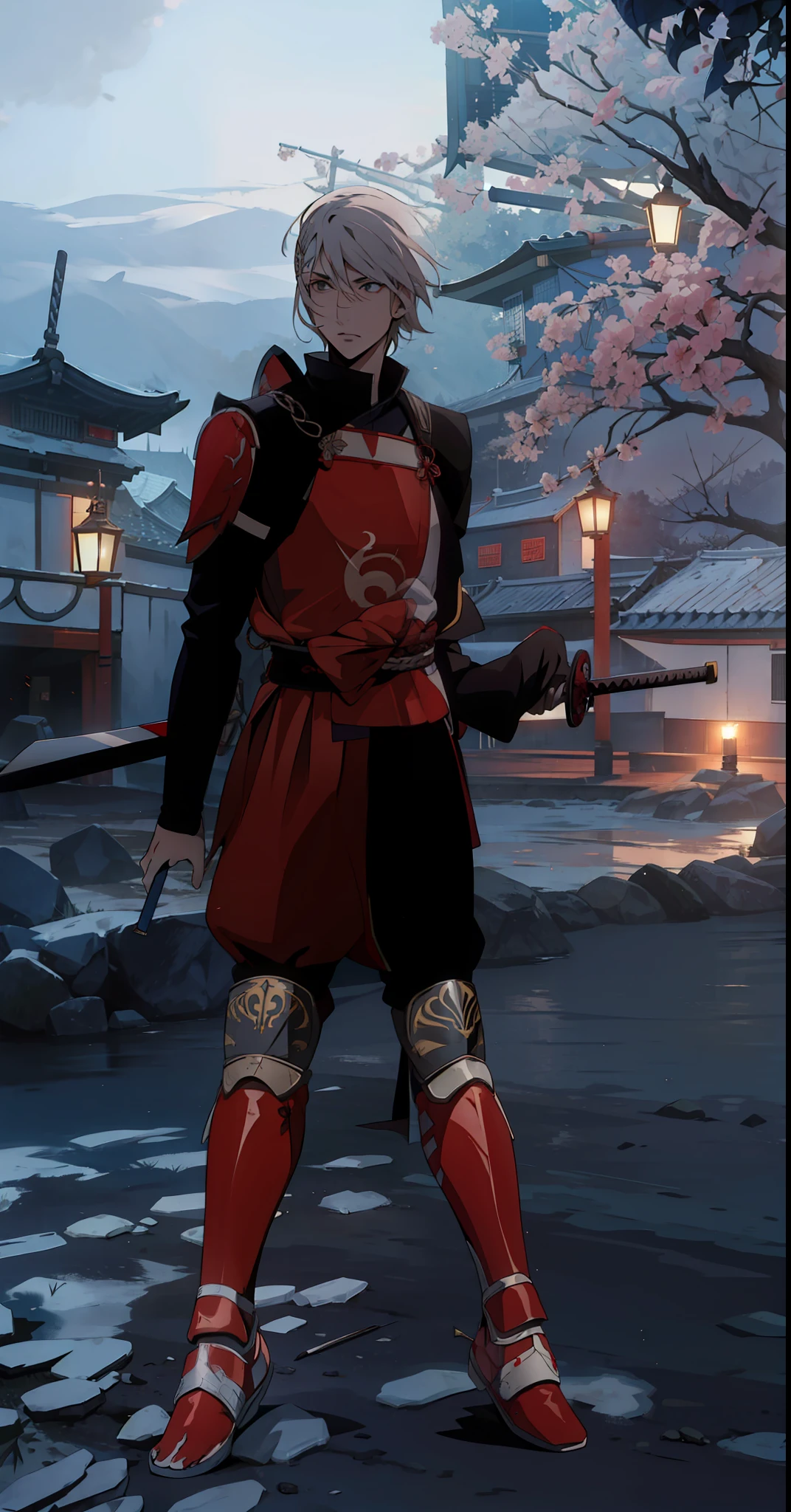 Homen Samurai com cabelo branco com armadura de chogun vermelha 8k