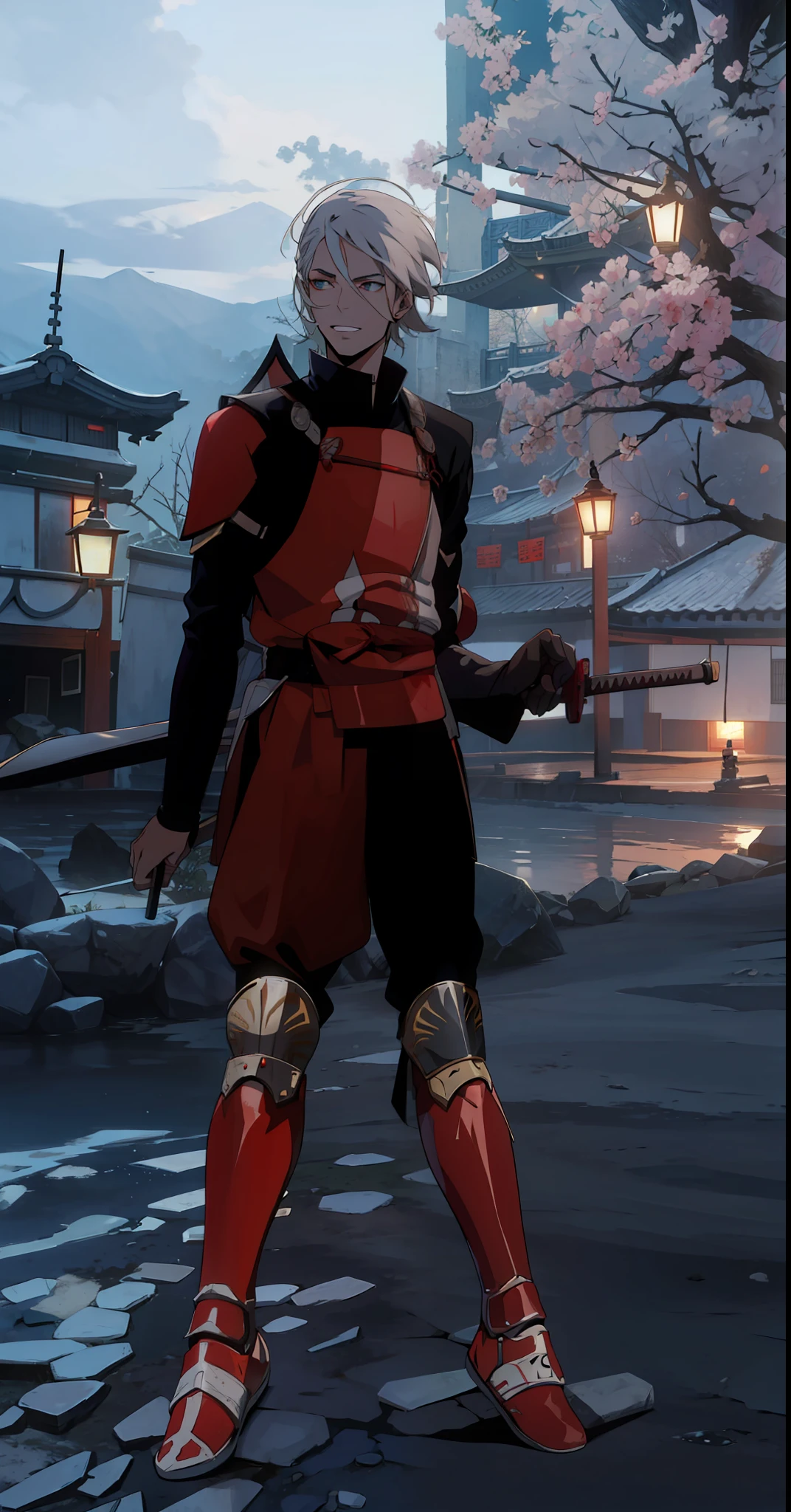 Homen Samurai com cabelo branco com armadura de chogun vermelha 8k