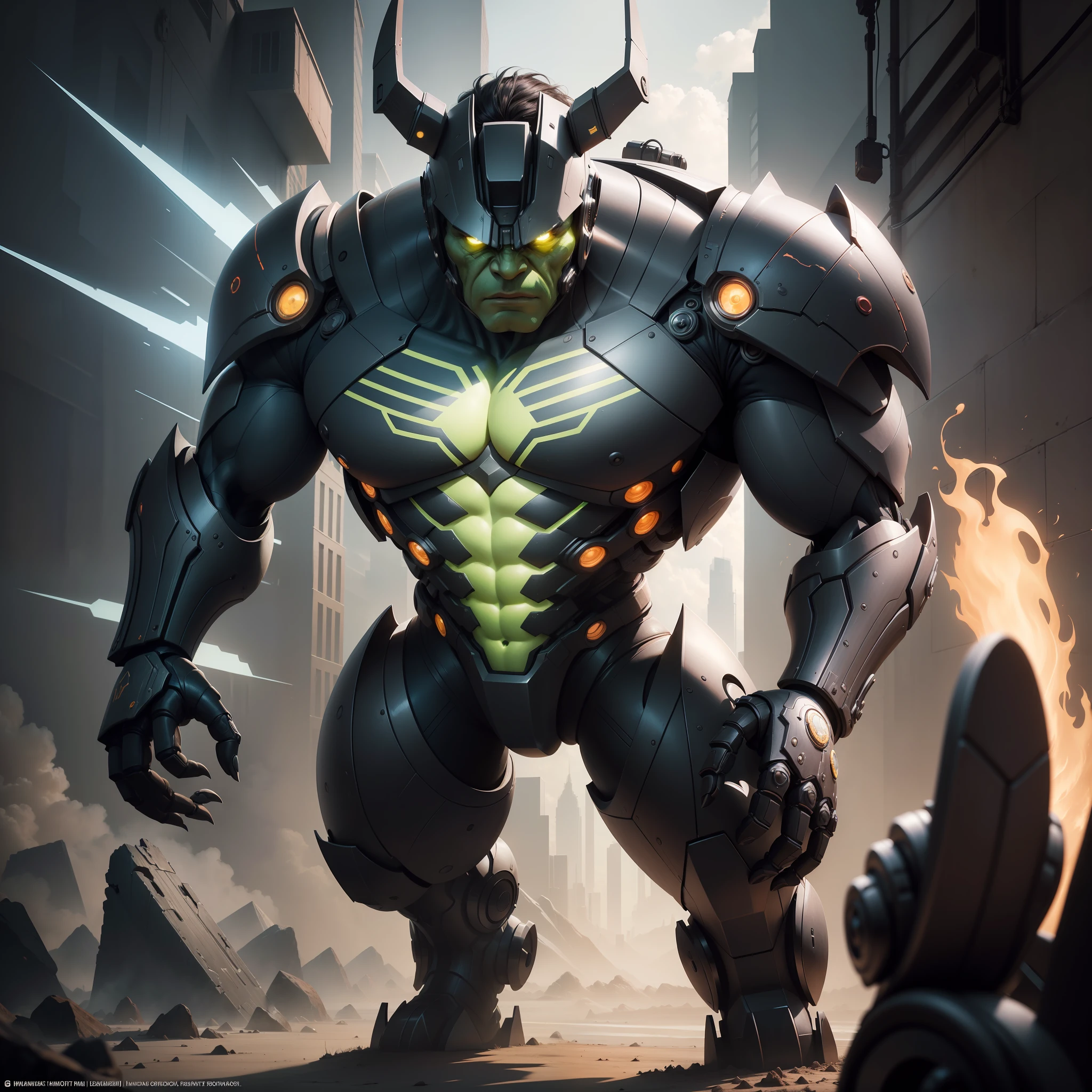 "Imagine an illustration of the incredible Hulk from 2150, A complex robot with a cyberpunk-style biomechanical aesthetic, apresentado em um hiper-realismo impressionante. The artwork captures the entire body of the robot, displaying insane fine details with extremely sharp lines and rounded edges. Every inch of the composition is highly detailed, showing the exceptional creative direction of the talented Greg Rutkowski.

The image is a true masterpiece, standing out on ZBrush Central and gaining notoriety as a trend on ArtStation. The photograph was expertly captured in a professional studio, ensuring a sharp focus and providing a complete view of the robot. The futuristic aesthetic and the perfect combination between the incredible Hulk and the biomechanical design create an impressive and unique atmosphere.

Every intricate detail is meticulously displayed in the central plane of the composition, sem qualquer corte em qualquer dos elementos. The result is a stunning image that highlights the ingenuity of prompt creation in prompt engineering, demonstrating how it is possible to achieve an impressive level of precision and artistic perfection.

This illustration of the complex robot enchants the viewer with its beauty and originality, offering a fascinating insight into the incredible Hulk of the future. It's a testament to the power of prompt engineering in generating highly engaging and immersive images, where all the elements are harmoniously integrated into the central plane of the composition, providing a complete and impactful visual experience."