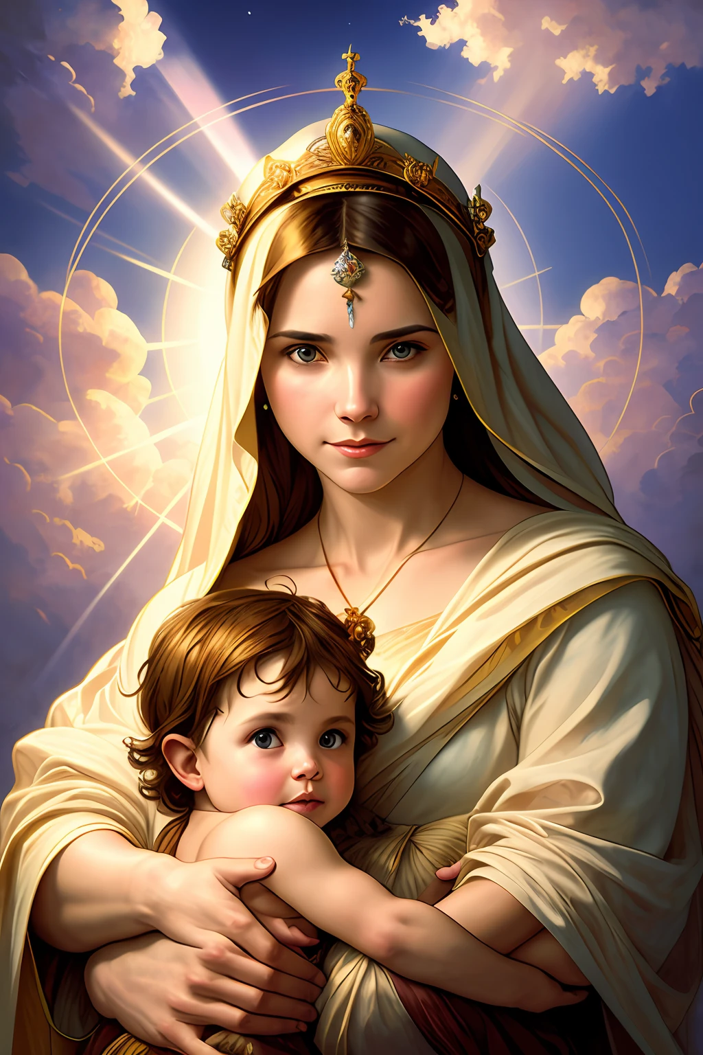 masterpiece, woman and , holy virgin mary with littlin her arms, ((halo over head)), smiling, heavenly sky, half body, ((divine light)), ethereal, ((clouds)), back lighting, realistic portrait, symmetrical, strong, intricate drawing, highly detailed, digital painting, art station, concept art, fluid, sharp focus, illustration, against heaven's gate, cinematic lighting, works by artgerm and greg rutkowski and alphonse mucha