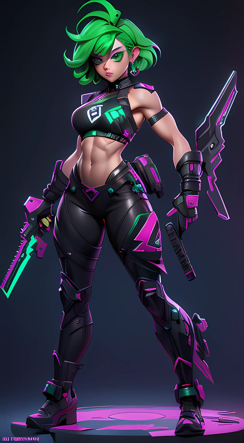 full body--ar 2:3, ((Best Quality)), ((Masterpiece)), ((Realistic)) and ultra-detailed photography of a 1nerdy girl with goth and neon colors. She has ((emerald short hair)), wears a small tiny black thong , ((beautiful and aesthetic)), muscular fit body abs, sexy, under-boobs, hot, holding weapons