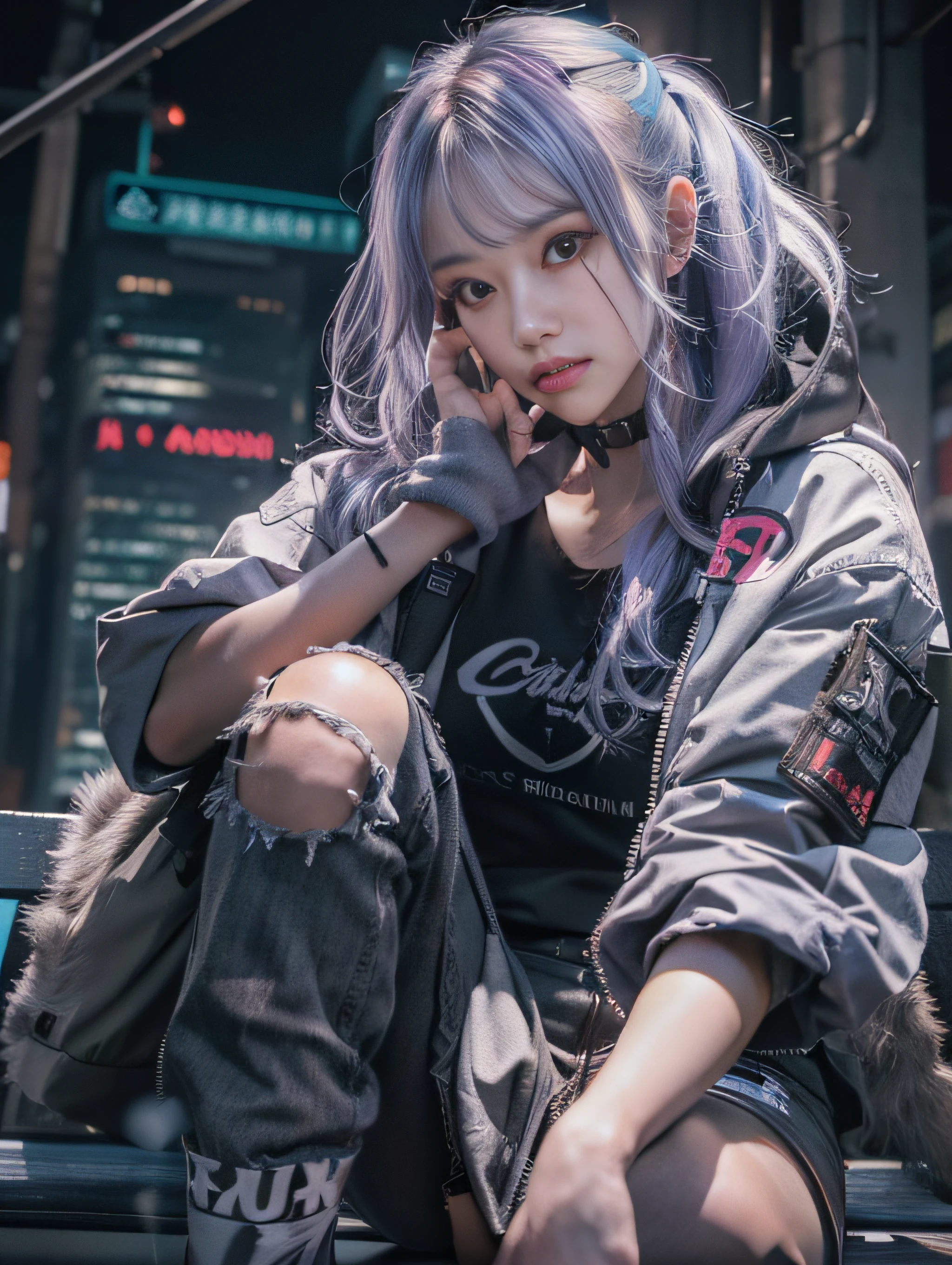 ​masterpiece、hightquality、Soio、beautiful model、Back lighting、beautiful hairl、A detailed eye、À la Fed woman sitting on a city bench with neon sign, Cinematic. leng jun, Anime style mixed with Fujifilm, mid shot portrait, cyberpunk streetwear, Inspired by Liam Wong, inspired by Kanō Naizen, cyberpunk vibe, cyberpunk photo, muted cyberpunk style, Medium shot portrait, hyper-realistic cyberpunk style, wearing cyberpunk streetwear、Powerful Hand Pose、low angles、14mm lens、sigma、F1,4、Depth of subject、8K High Resolution、细致背景、Drawing with enhanced hair details、A detailed face、more hair、Detailed nose、Detailed mouth、Detailed body、stares at the camera、Hair details