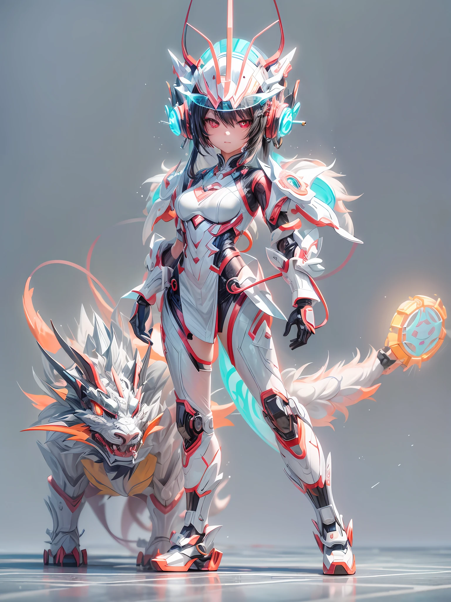 chinesedragon, (blind box toy style:1.2), (Full Body Shot) ,  1 Transparent girl,Behind him is a transparent and  Chinese dragon, Transparent mecha, Exquisite Helmet:1.2, glowing goggles:1.2, Cyberpunk, Dreamy Glow, Luminous neon lamp, clean, white background, ( Global illumination, raytracing, HDR, unreal render,reasonable design, high detailed, masterpiece, best quality, UHD, Cinematic Lighting)