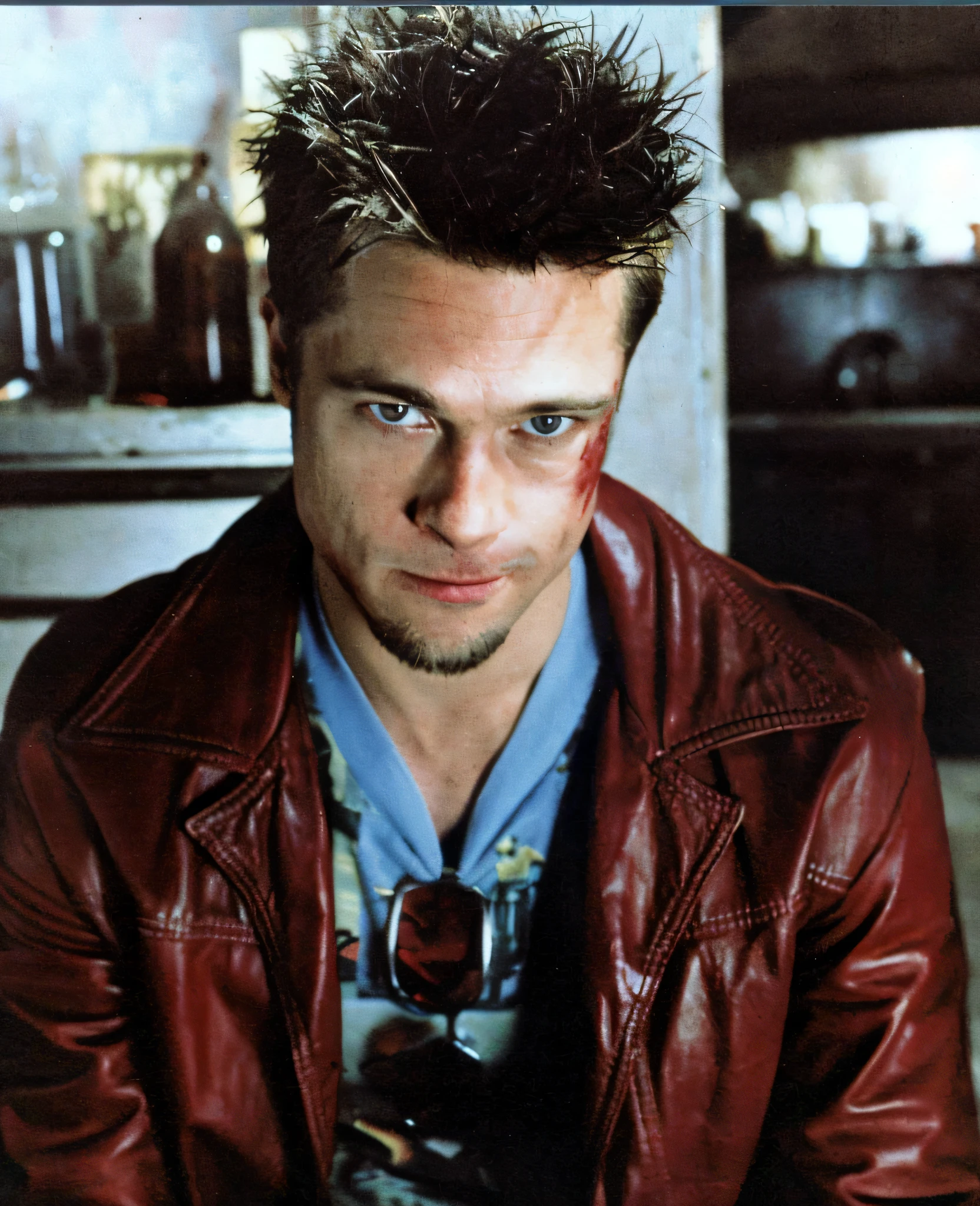 There's a man in a leather jacket and a tie, Tyler Durden, clube da luta, cena do filme fightclub, Retrato de Brad Pitt, Brad Pitt, Retrato de Brad Pitt, brad pitt is leon s. Kennedy, Jeremy Renner, Jim Carrey como Exterminador do Futuro, Johnny Depp como Tony Stark, romance verdadeiro, Estilo Pulp Fiction, Neo