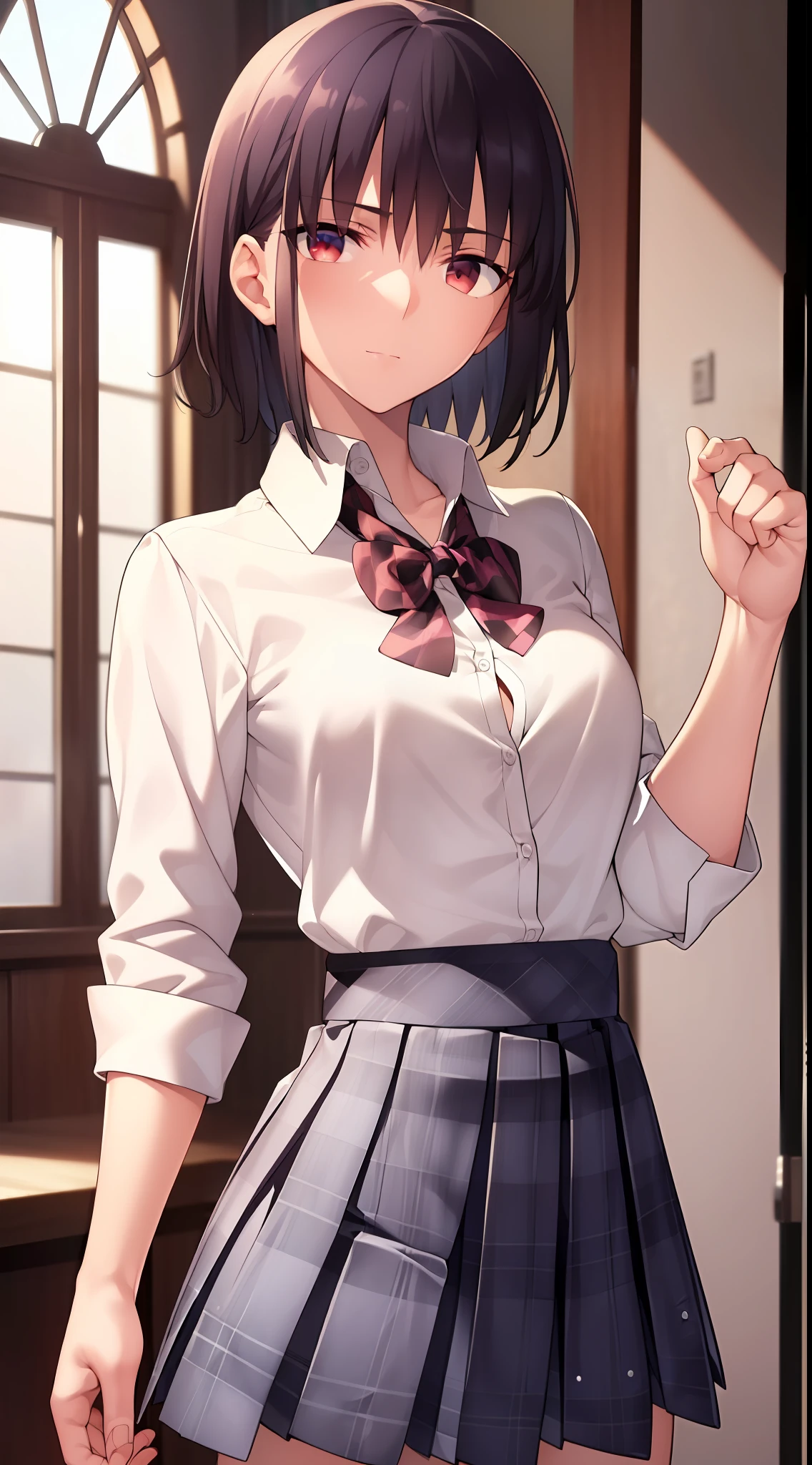 {{beautiful}}, amazing, (best quality:1.5), (masterpiece:1.5), extremely delicate and beautiful, intricate details, finely detailed, extremely detailed, beautifully detailed, ultra-detailed, (hyperdetailed:1.5), high resolution, (illustration), watercolor pencil, Clear line drawing, (ufotable style:1.1), (ufotable screen cap:1.1), anime coloring, anime screencap, (latest picture), backlighting, dynamic angle, glow, depth of field, {{body satisfaction}}, (body with a good balance of style:1.5), (slender figure:1.5), perfect body, perfect hands, perfect feet, (two arms:1.2), (two legs:1.2), (five fingers each:1.2), (perfect joint:1.2), perfect joint movement, beautiful detailed eyes, (detailed eyes:1.5), finely detailed eyes, perfect anatomy, full dissection, perfect composition, correct limbs, balance and coordination in all things, realistic:0.5, precise fingers and hands, (finely drawn hair:1.5), {{shy girl}}, (black hair:1.3), (short hair:1.3), (straight hair:1.3), bangs, (purplish red eyes:1.3), (medium breasts:1.3), (small-sized buttocks:1.3), {{school uniform}}, (white collared shirt:1.5), white shirt, breast tent, (checkered pleated skirt:1.5), checked skirt, pleated skirt, (unbutton one's first button:1.5),