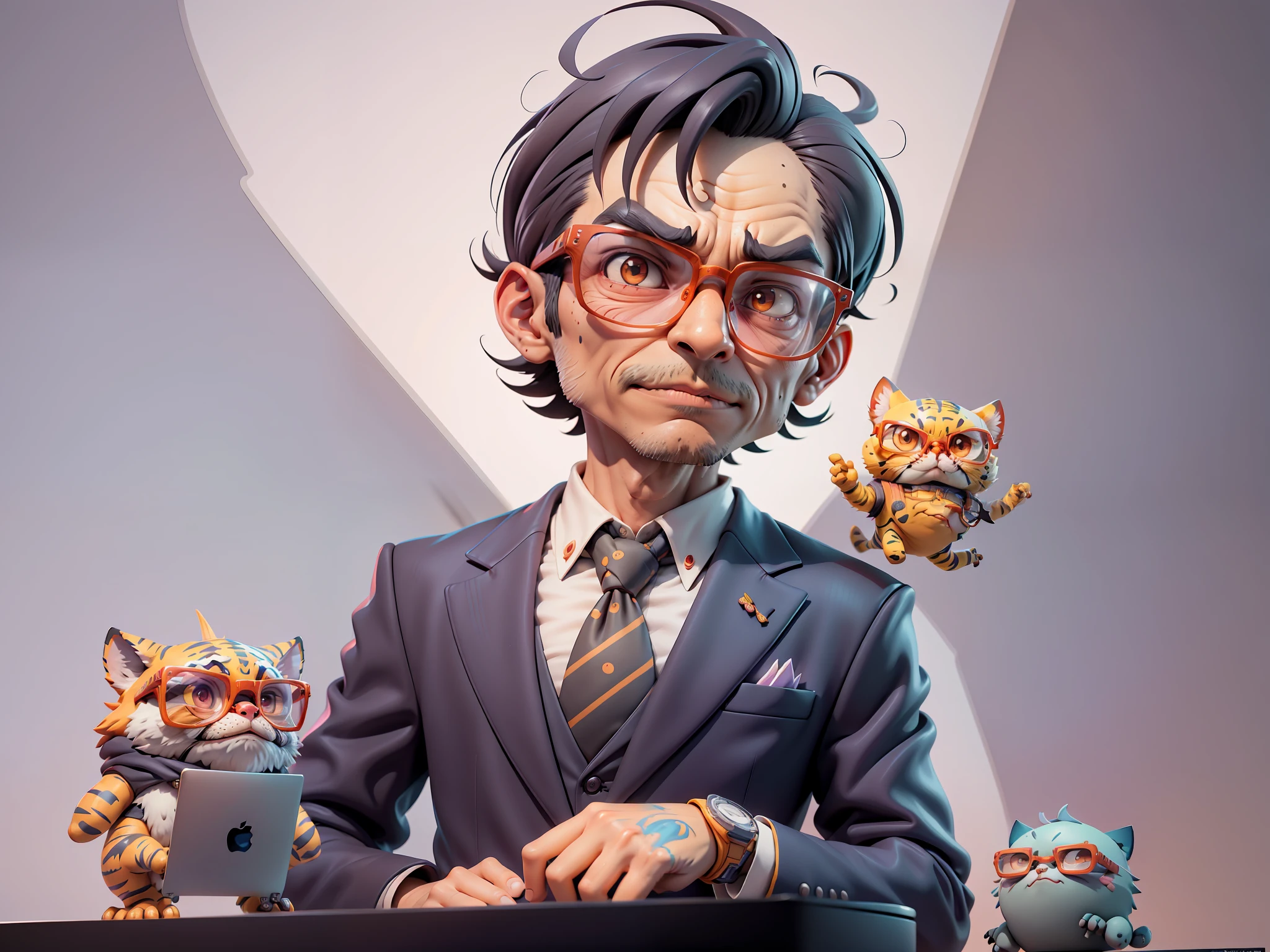 A young man in a suit, Short hair and glasses sat at his desk,holding laptop,digitial painting,tigre,3D character design by Mark Clairen and Pixar and Hayao Miyazaki and Akira Toriyama,4K HD illustration,Very detailed facial features and cartoon-style visuals。