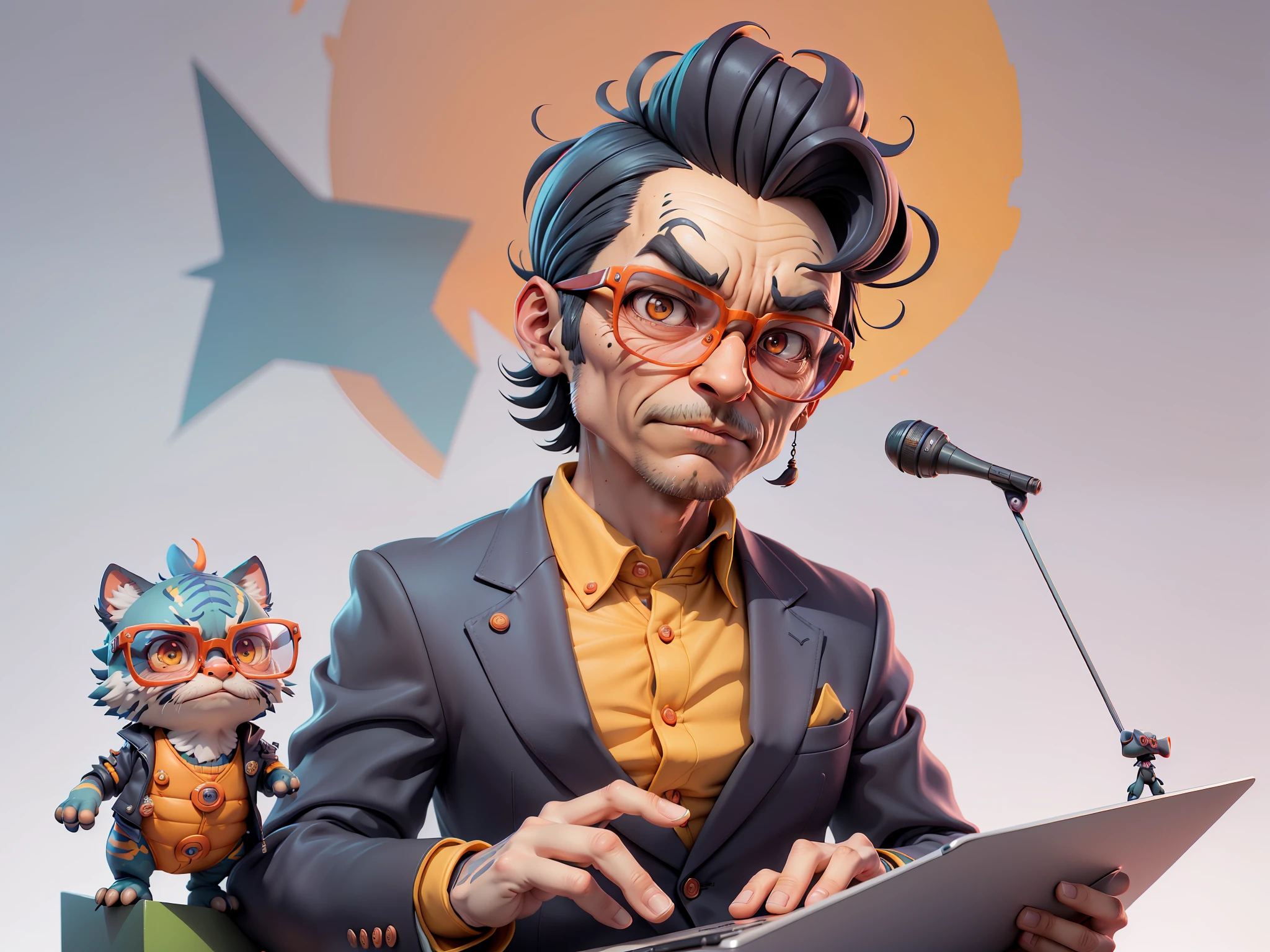 A young man in a suit, Short hair and glasses sat at his desk,holding laptop,digitial painting,tigre,3D character design by Mark Clairen and Pixar and Hayao Miyazaki and Akira Toriyama,4K HD illustration,Very detailed facial features and cartoon-style visuals。