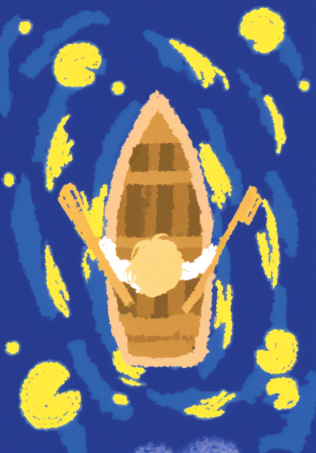There is a photo of a man and a dog on board, small boat, monet and da vinchi art style, in the style of van gogh, Van Gogh style, in the starry night, Vincent Van Gogh style, inspired by Vincent Di Fate, boat, one small boat, boat with lamp, during night, painting in luminist style, rowing boat