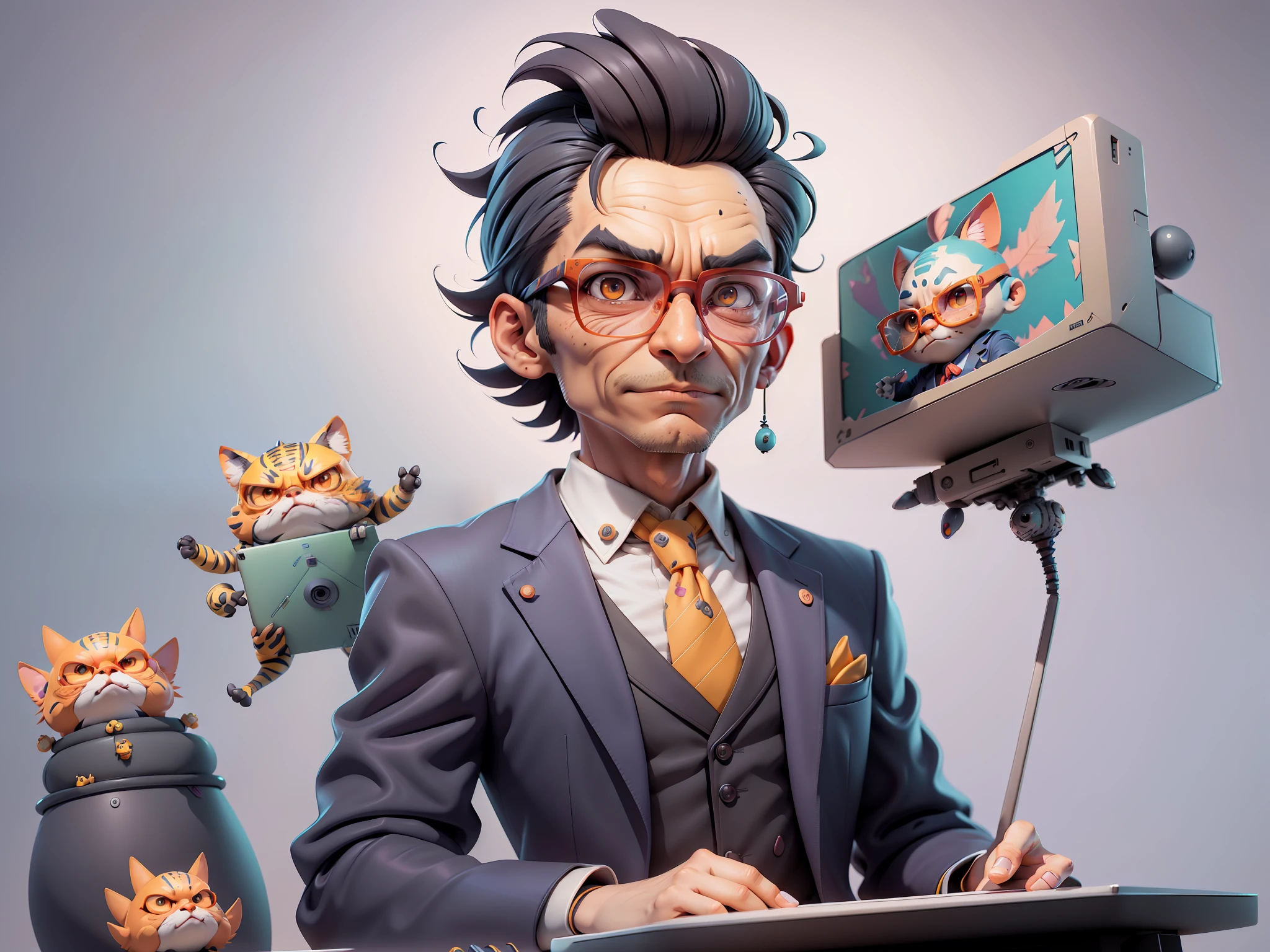 A young man in a suit, Short hair and glasses sat at his desk,holding laptop,digitial painting,tigre,3D character design by Mark Clairen and Pixar and Hayao Miyazaki and Akira Toriyama,4K HD illustration,Very detailed facial features and cartoon-style visuals。