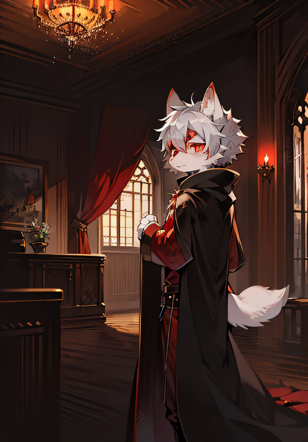 (dark environment:0.8),masterpiece, high quality, absurd res, digital painting \(artwork\), by dagasi, yupa,kiyosan,(anthro,fluffy fur,character focus:1.1),anthro male cat,short hair,portrait, bright eyes,panorama,character focus.(detailed background:0.7),solo,furry,furry male ,male focus,anthr,(Full body fur, fluffy tail, white fur,red eyes,gray hair:1.2),(long canines,vampire, cape:1.2),(interior,night, castle, coffin:1.1)