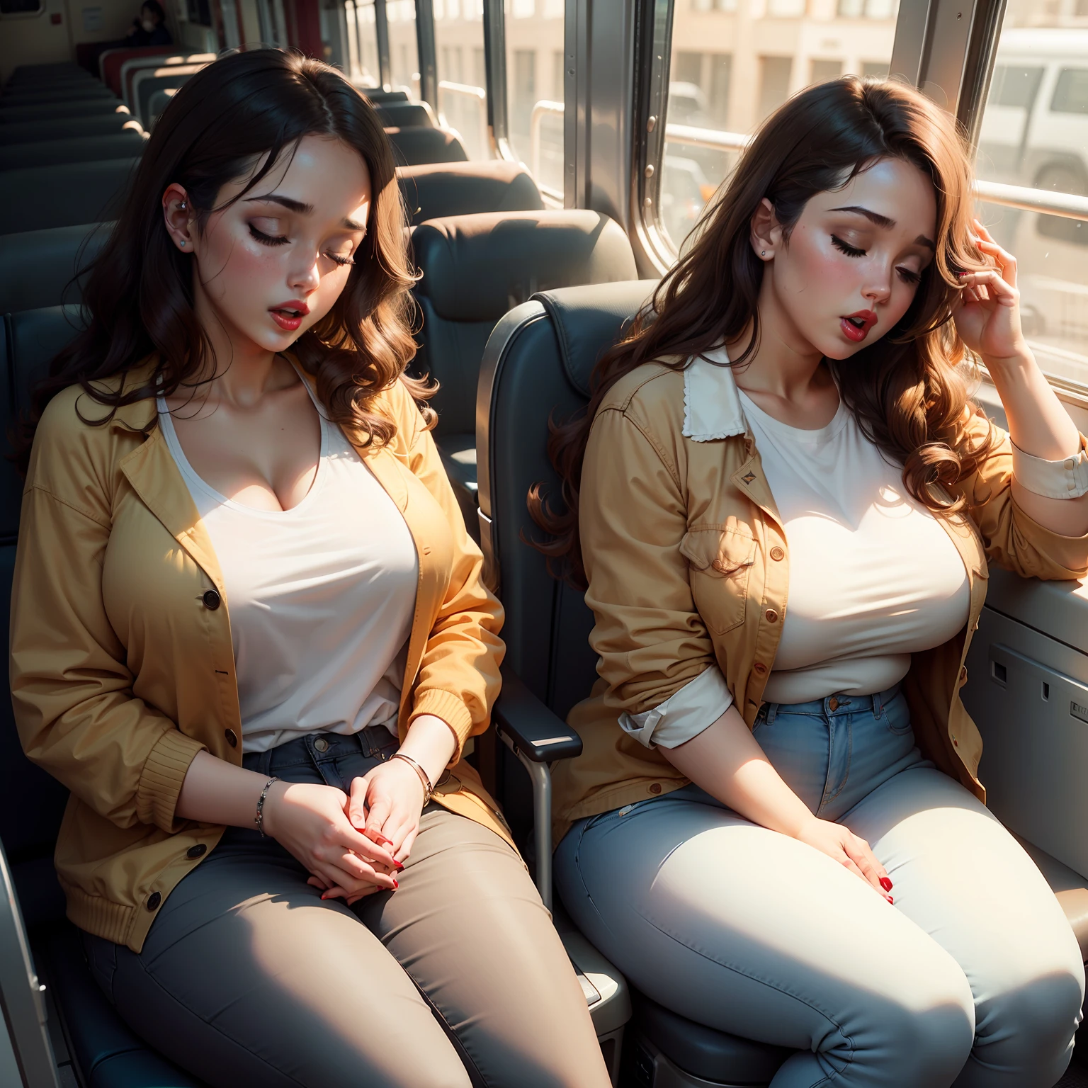 1 beautiful woman, drooling, sleeping with her mouth open, lips parted, sleeping sitting on the bus seat, wavy hair; White shirt; orange jacket; brown wallet; curvy woman; chubby woman, outlined eyes, brunette, jean pants, eyes closed, head resting on the seat, sitting near the window, head raised upwards with open mouth, eyes closed, red lips