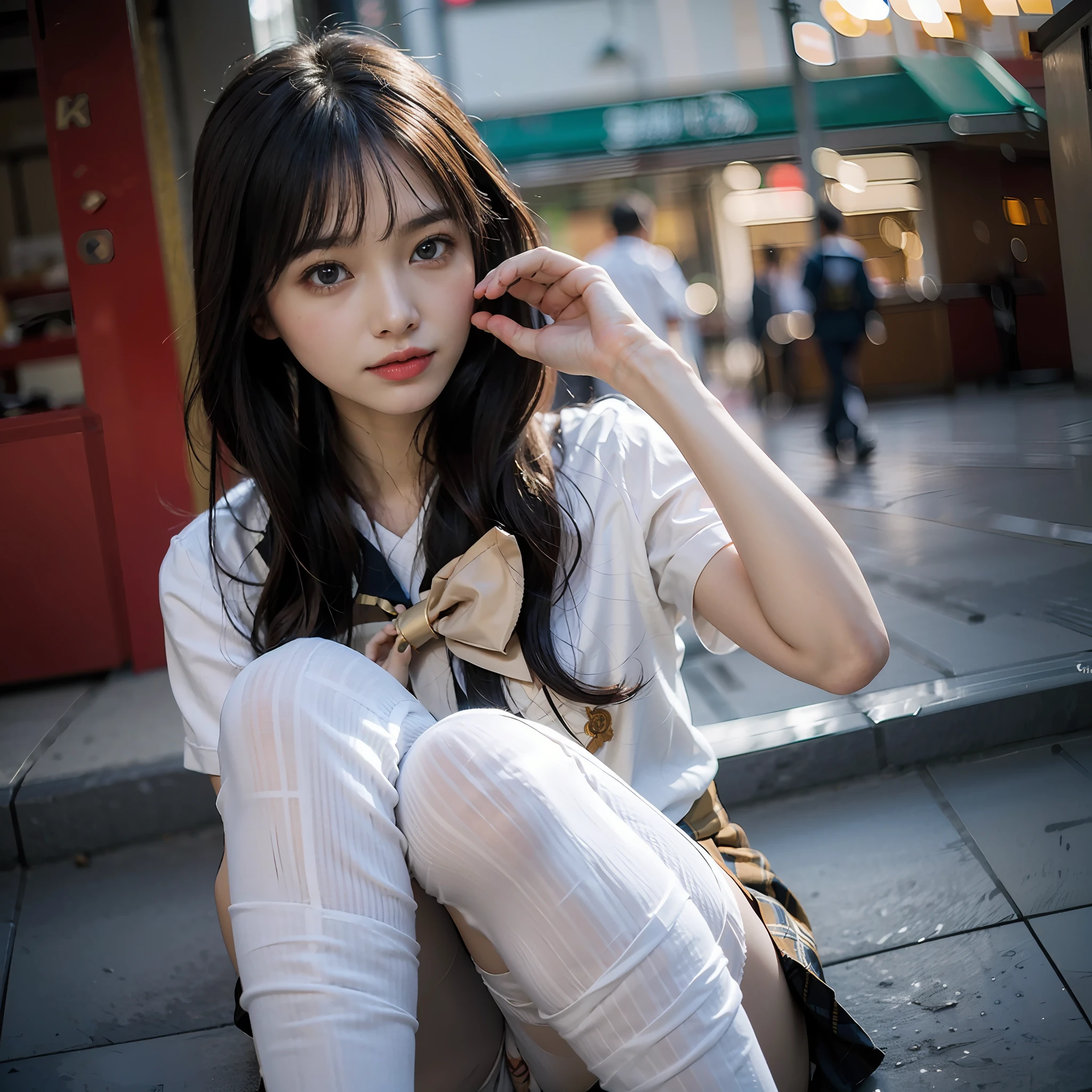 (((1girl))),(((solo))),ulzzang-6500-v1.1, (raw photo:1.2), (photorealistic:1.4), beautiful detailed girl, very detailed eyes and face, beautiful detailed eyes, ridiculous, incredibly ridiculous, huge file size, super detailed, high resolution, very detailed, best quality, masterpiece, kemomimi, ((Japanese girls' high school uniform)), illustration, very detailed, CG, unified, 8k wallpaper, amazing, Fine details, masterpiece, best quality, very detailed CG uniform 8k wallpaper, light on face, cinematic lighting, 1girl, , ((no panties)), ((dynamic pose))), (camel toe), (half), (pantyhose), (knee-bending leg sitting))