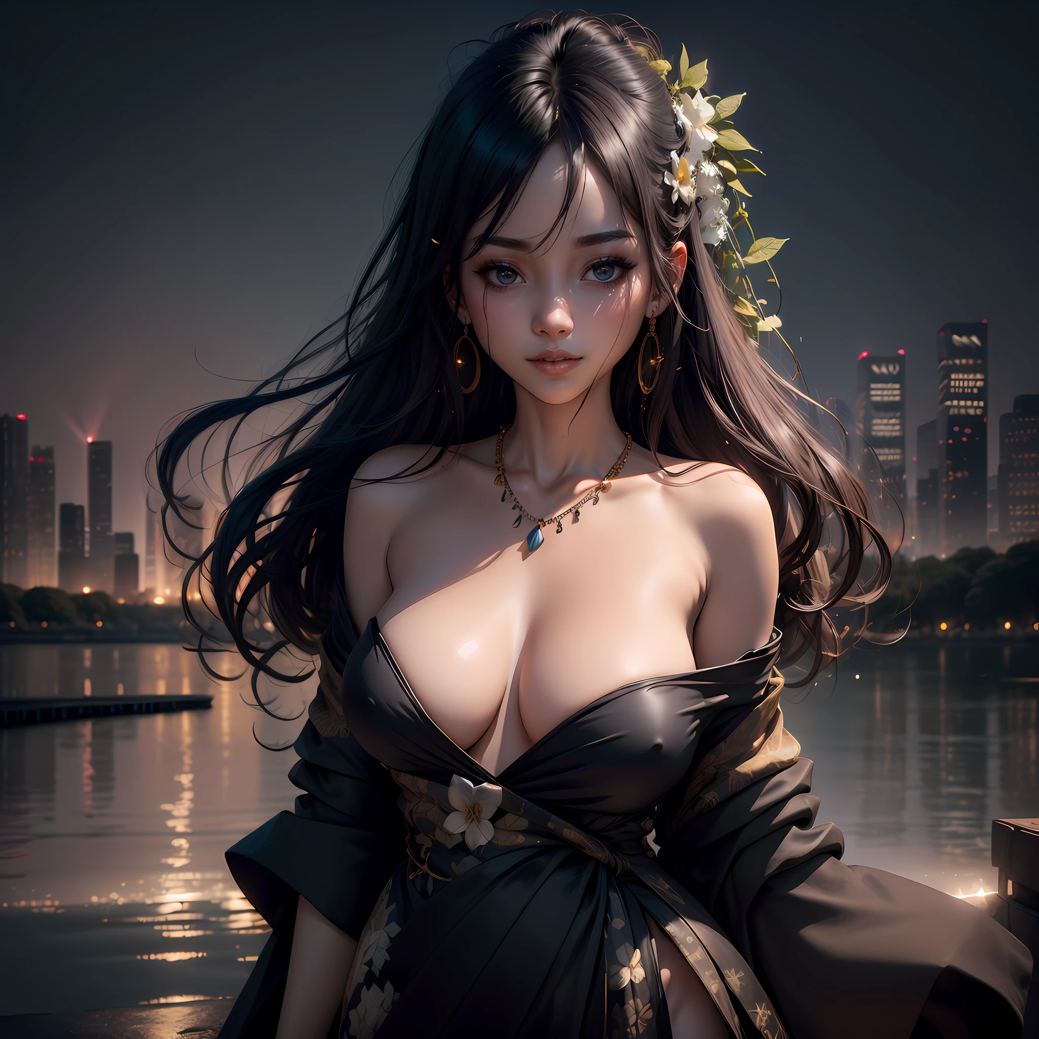 night,(night:1.8),(city lights:1.9),(black theme,),in summer,onsen,(nature:1.9),1girl,full body,black hair,very long hair,grin,sexy,unaligned breasts, no bra, topless, a transparent piece of cloth that covers the chest, dynamic angle,dynamic pose,outdoors,japanese style architecture,High color saturation,Color saturation,(jewelry:1.4),putting on jewelry, 
ray tracing,cinematic lighting,(raw photo:1.2), (photorealistic:1.4), absurdres, incredibly absurdres, huge filesize , ultra-detailed, highres, extremely detailed,best quality ,masterpiece, illustration, an extremely delicate and beautiful, extremely detailed ,CG ,unity ,8k wallpaper, Amazing, finely detail, masterpiece,best quality, pureerosface_v1,ulzzang-6500-v1.1,