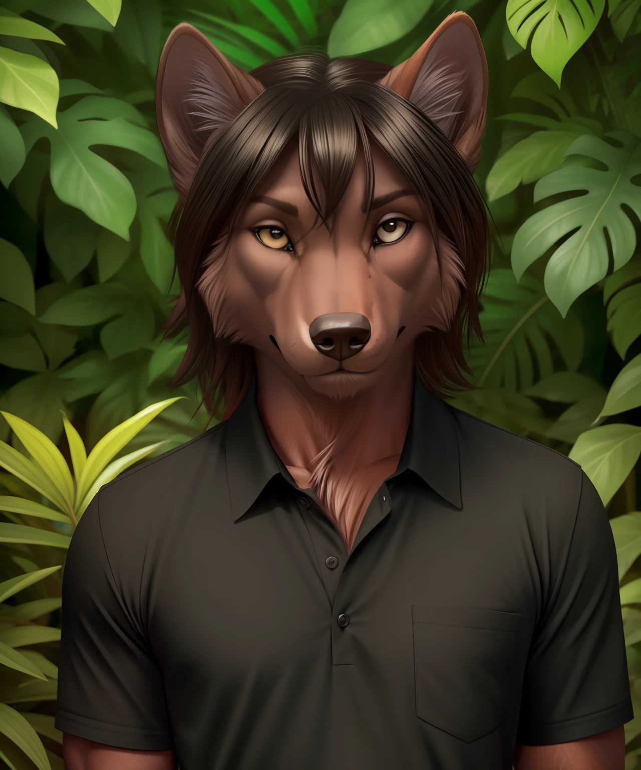 (realistic, professional photo:1.2), best quality, anthropomorphic wolf, (furry body:1.2), detailed dark fur, (detailed skin:1.2), , detailed eyes, beautiful black hair, dense jungle, shirt