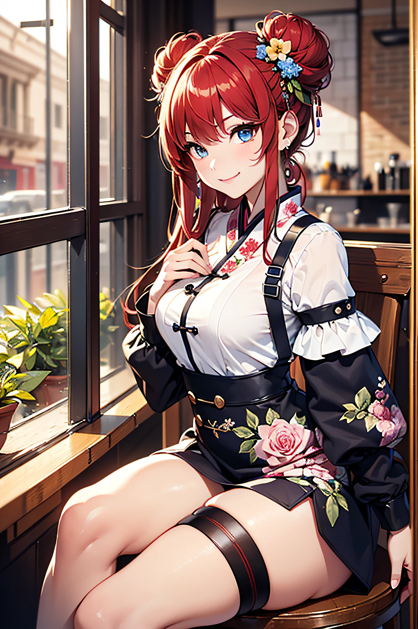 (top-quality、8K、32K、masterpiece、UHD、ighly detailed:1.2)、sideshot、Full body, Cafe、waitresses、beauitful face、blurry backround、20-year-old beauty、shinny skin、Red color hair、double bun、Blue eyes、Chinese clothing、Floral hair ornament、Have tea、miscievous smile、thighs thighs thighs thighs、