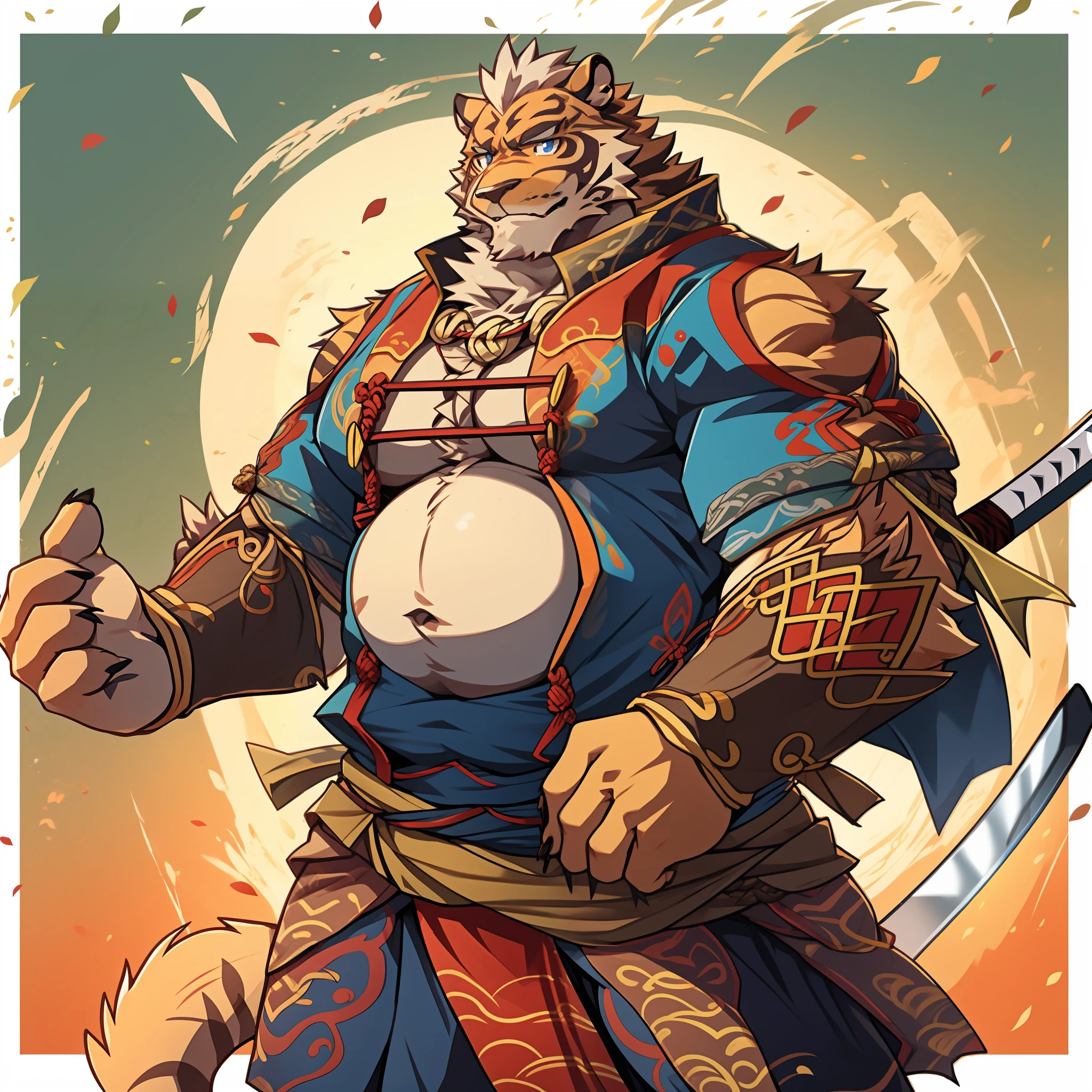 Lin Hu,musculature,tit,Fat Chubby,Wear a katana,potbelly,Plump and firm,Huge protrusions on the lower body,Wear a katana,Samurai style,carrying swords on his back,Five fingers,byself,Put your hands in your pockets