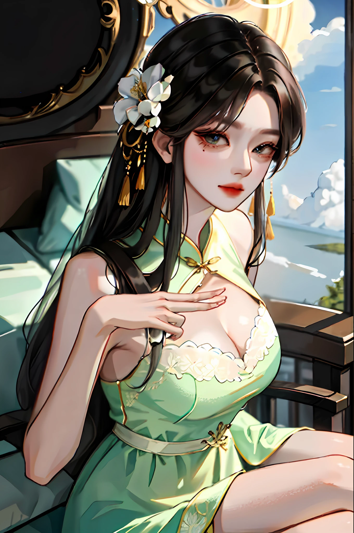 best qualtiy,tmasterpiece,超高分辨率,(realisticlying:1.4),1girll,Raised sexy,chinaware,Kpop ido,extremely large bosom,Chest exposed transparent lace dress,full bodyesbian,perfect bodies,lecherous,Long legs, big breasts beautiful, tmasterpiece, Best quality at best, very vey very detailed face, Perfect litthing, 👍独奏, plain face, Pubic hair shows through,