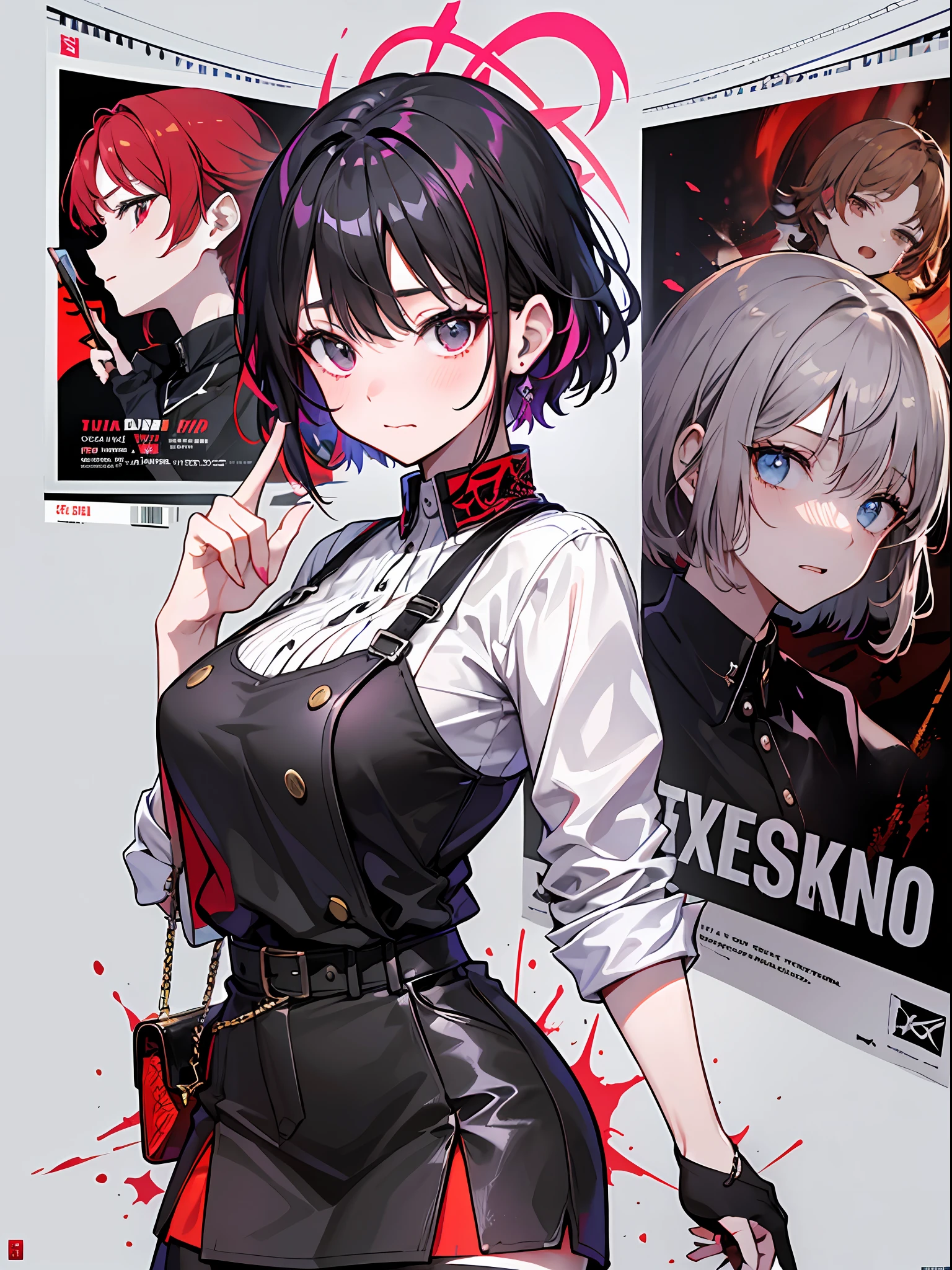 (​masterpiece、top-quality、hight resolution)、 Kana Arima \(Oshinoko\), full of shyness、red hairs、Bob Hair、red blush、Wavy mouth、(((Dramatic)))、(((gritty)))、(((vehement))))The poster of the film appears as a central character。She is shy in the center of the poster、Wearing an idol costume、Has a determined look。The background is dark and rough、I feel like I'm drunk。Text is bold and eye-catching、Catchy slogans add to the overall drama and excitement。The color palette is dominated by dark colors.、Bright colors dotted、Make your poster dynamic and visually impactful、Tachi- e(magazine:1.3)、(cover-style:1.3)、Fashionable、with a vibrant、outfits、the pose、the front、colourfull、Dynamic、Background with、element、self-assured、Expressively、ngel、statement、attachment、An majestic、coiled、surroundings、Touch、The scene、Texto、covers、boldface、grab attention、Titles、lo fashion、Font、Catchy、Titles、Large、grab attention、moderno、 Trendy、concentrating、Stylish、1 girl in、a miniskirt