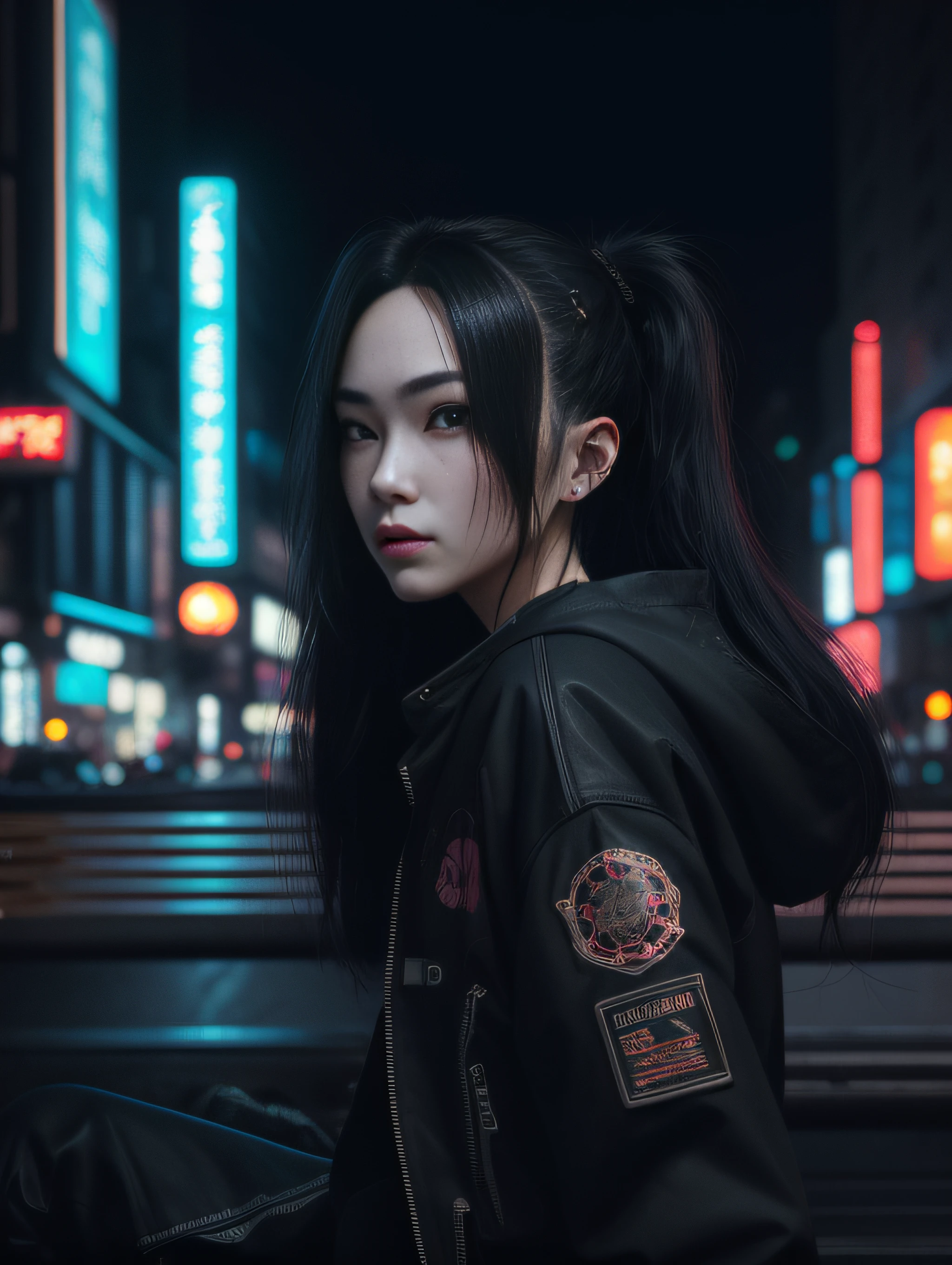 ​masterpiece、hightquality、Soio、beautiful model、Back lighting、beautiful hairl、A detailed eye、À la Fed woman sitting on a city bench with neon sign, Cinematic. leng jun, Anime style mixed with Fujifilm, mid shot portrait, cyberpunk streetwear, Inspired by Liam Wong, inspired by Kanō Naizen, cyberpunk vibe, cyberpunk photo, muted cyberpunk style, Medium shot portrait, hyper-realistic cyberpunk style, wearing cyberpunk streetwear、low angles、14mm lens、sigma、F1,4、Depth of subject、8K High Resolution、细致背景、Drawing with enhanced hair details、A detailed face、more hair、Detailed nose、Detailed mouth、Detailed body、stares at the camera、Hair details